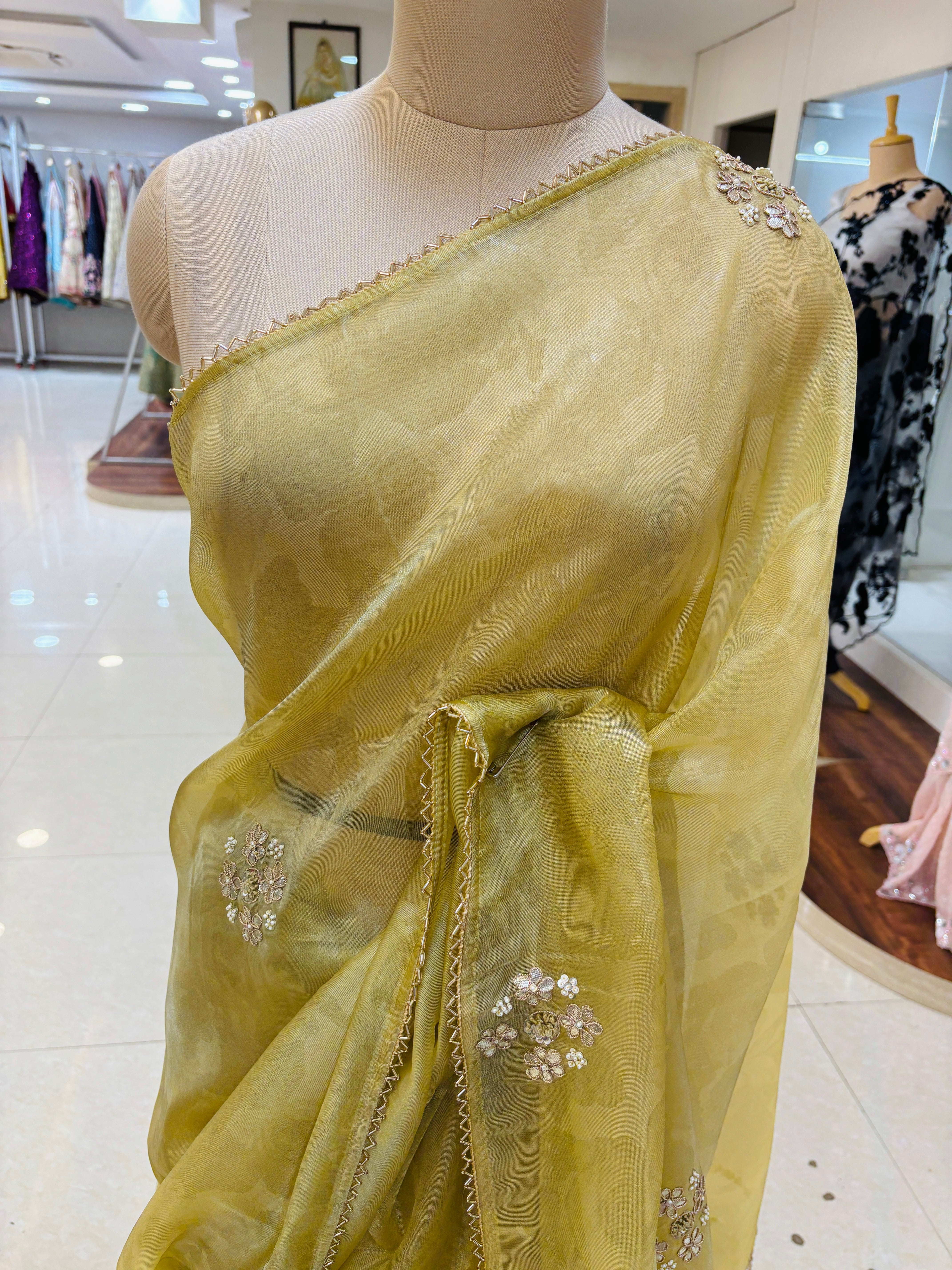 Mustard Print Tissue Organza Saree