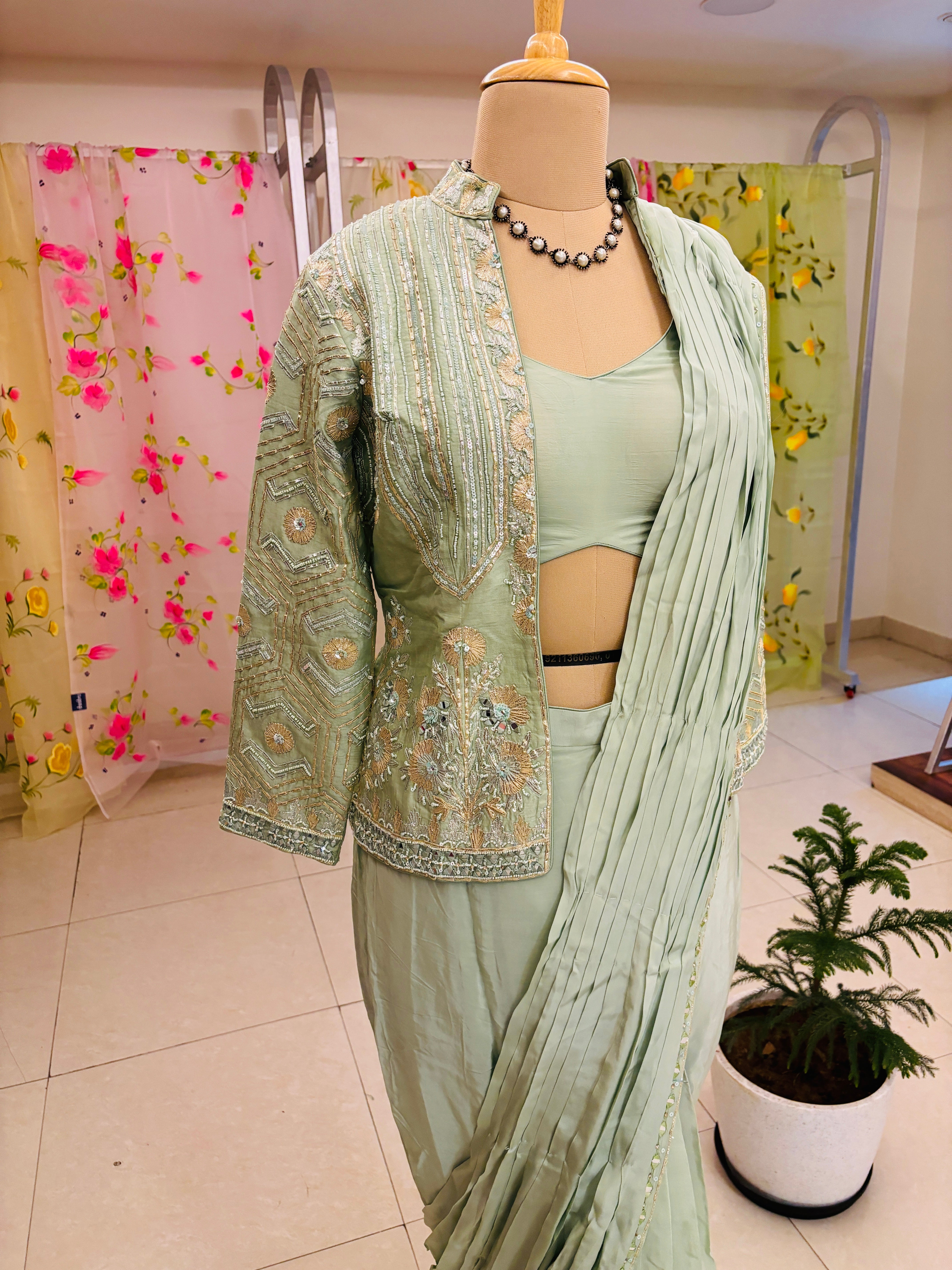 Light Green Chinnon Silk Drape Saree With Jacket & Readymade Blouse