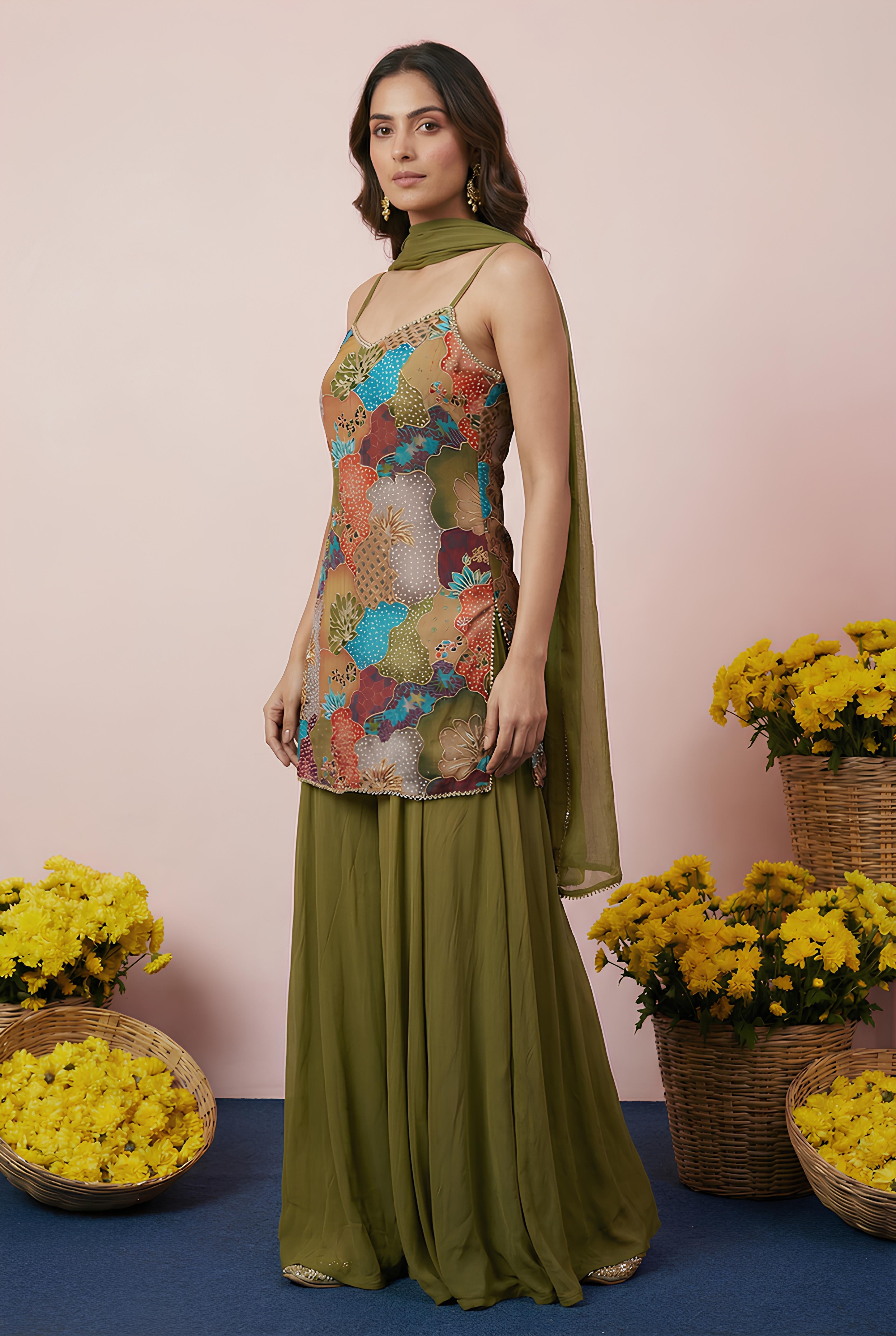 Green Embroidered Top With Sharara Suit