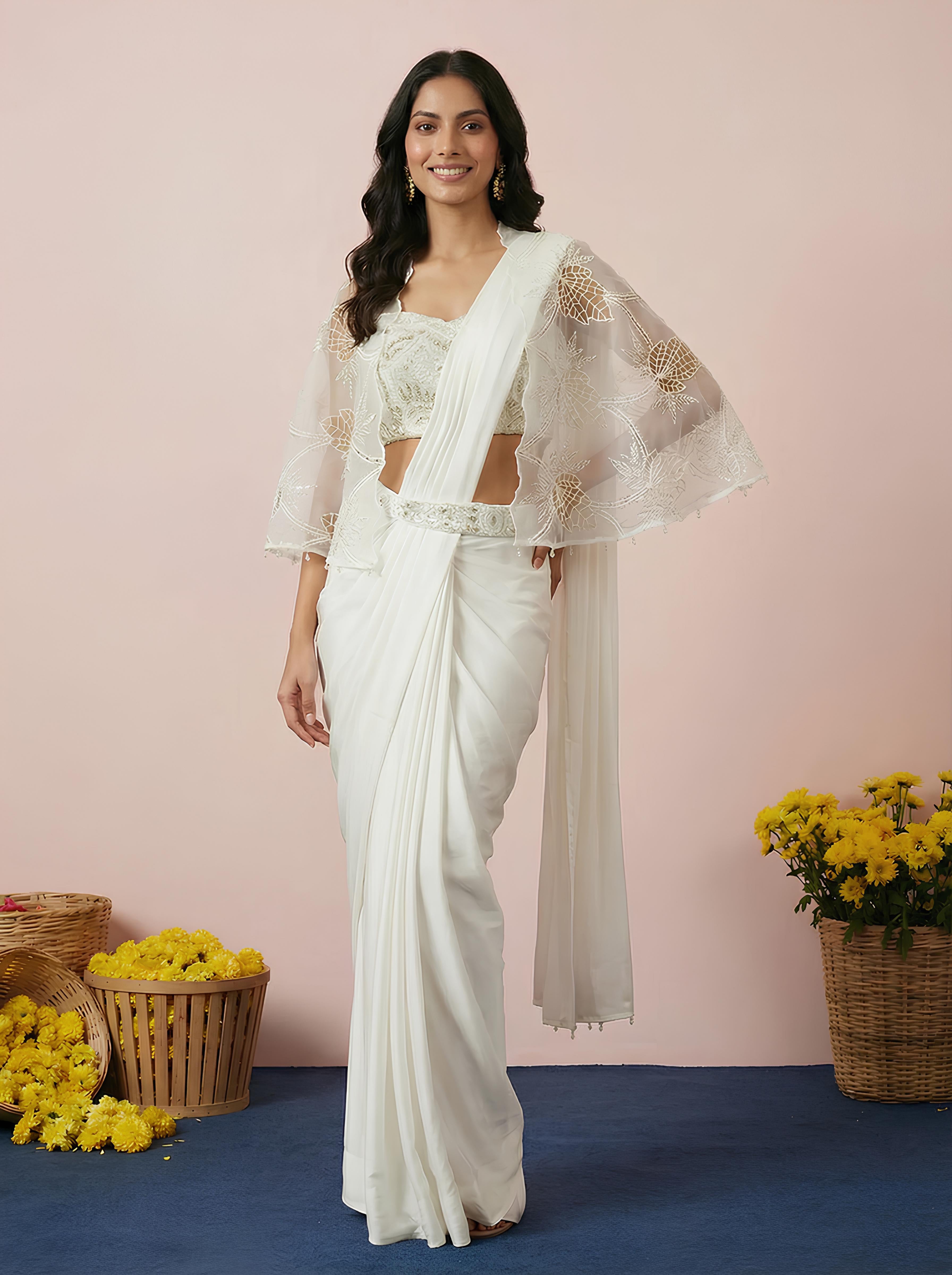 White Embroidered Drape Saree With Shrug Jacket