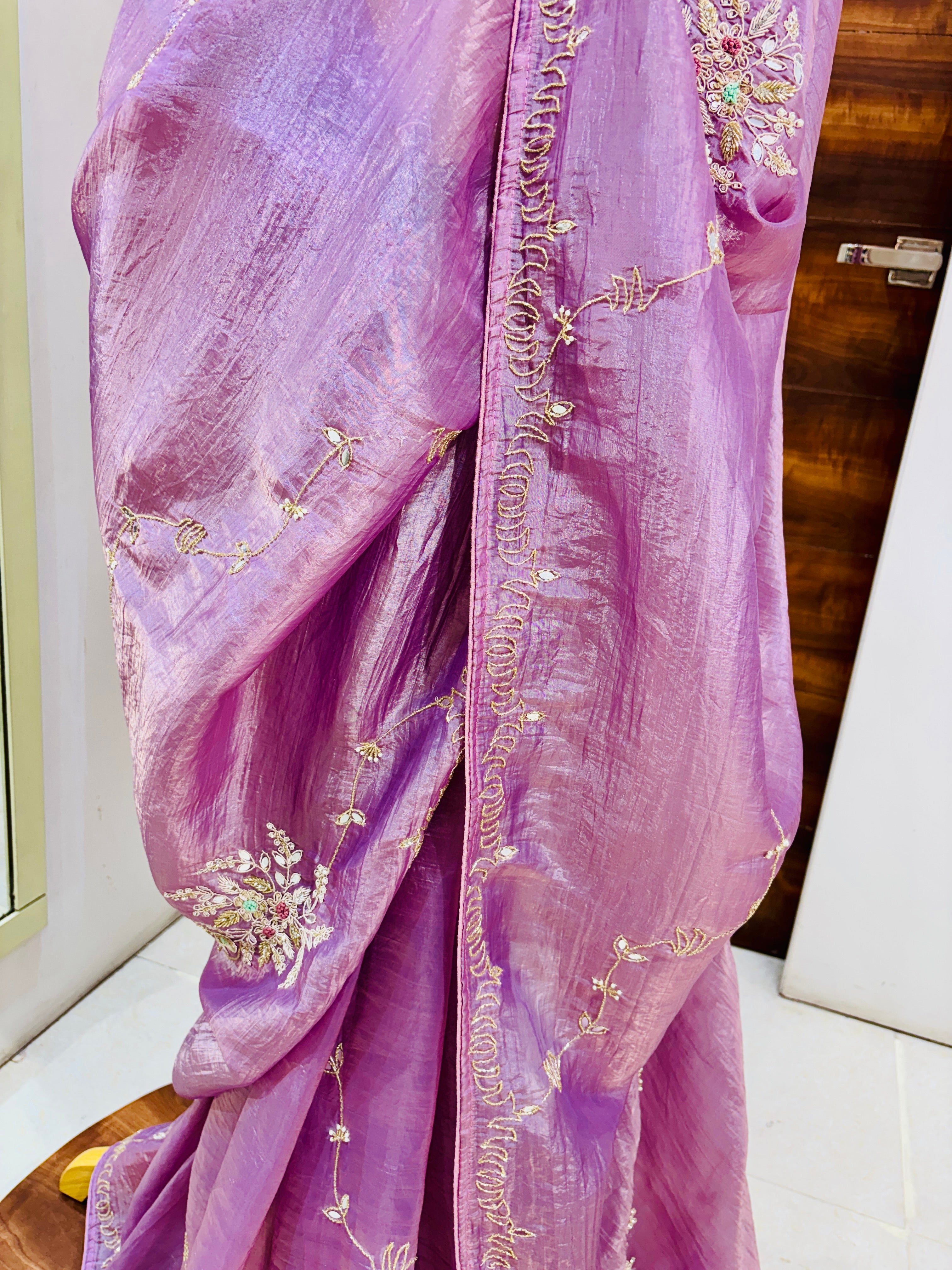 Purple Crushed Tissue Festive Saree