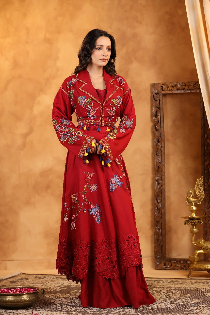 Dark Red Silk Indowestern Crop Top With Jacket