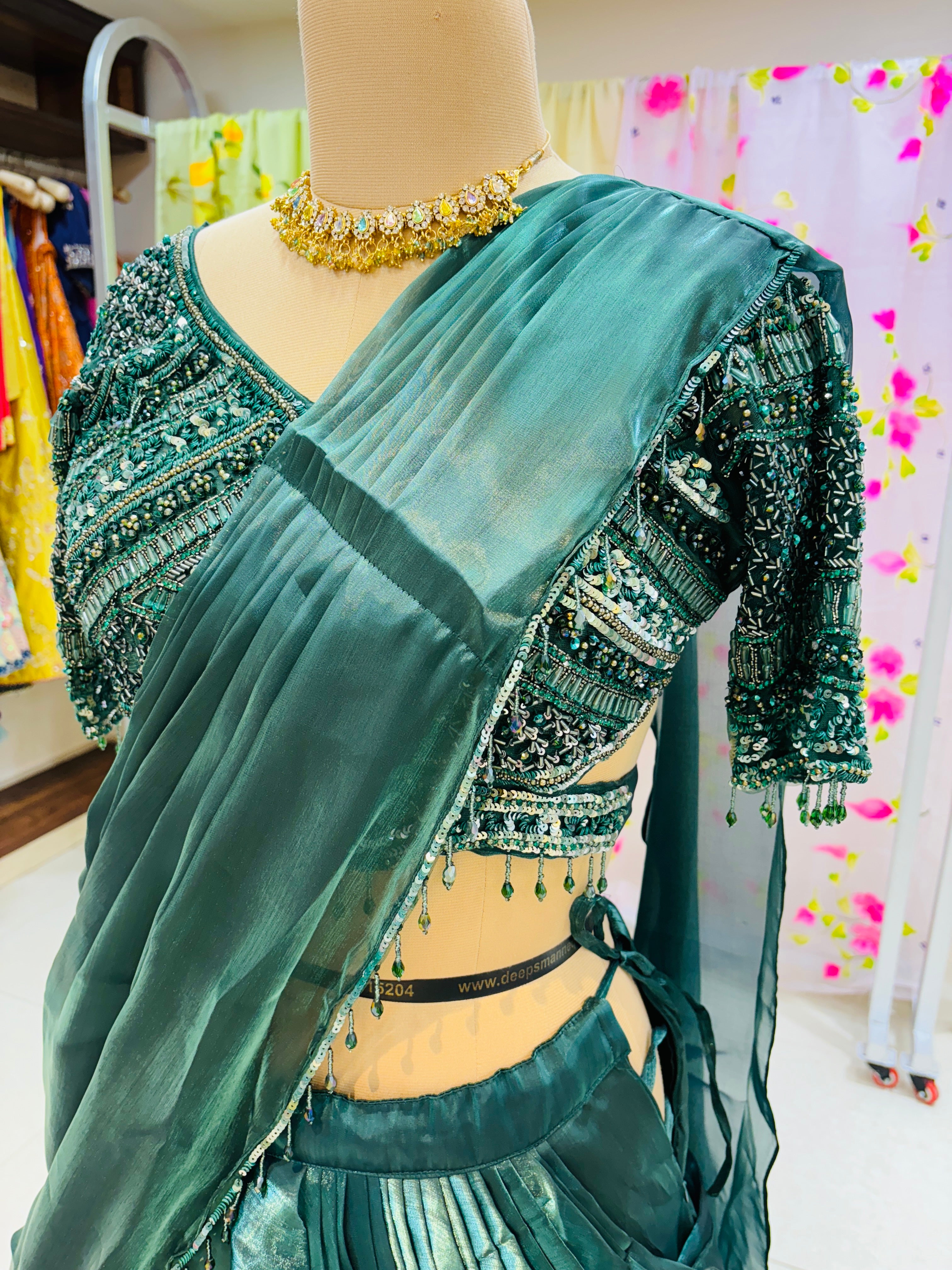 Dark Green Tissue Designer Lehenga