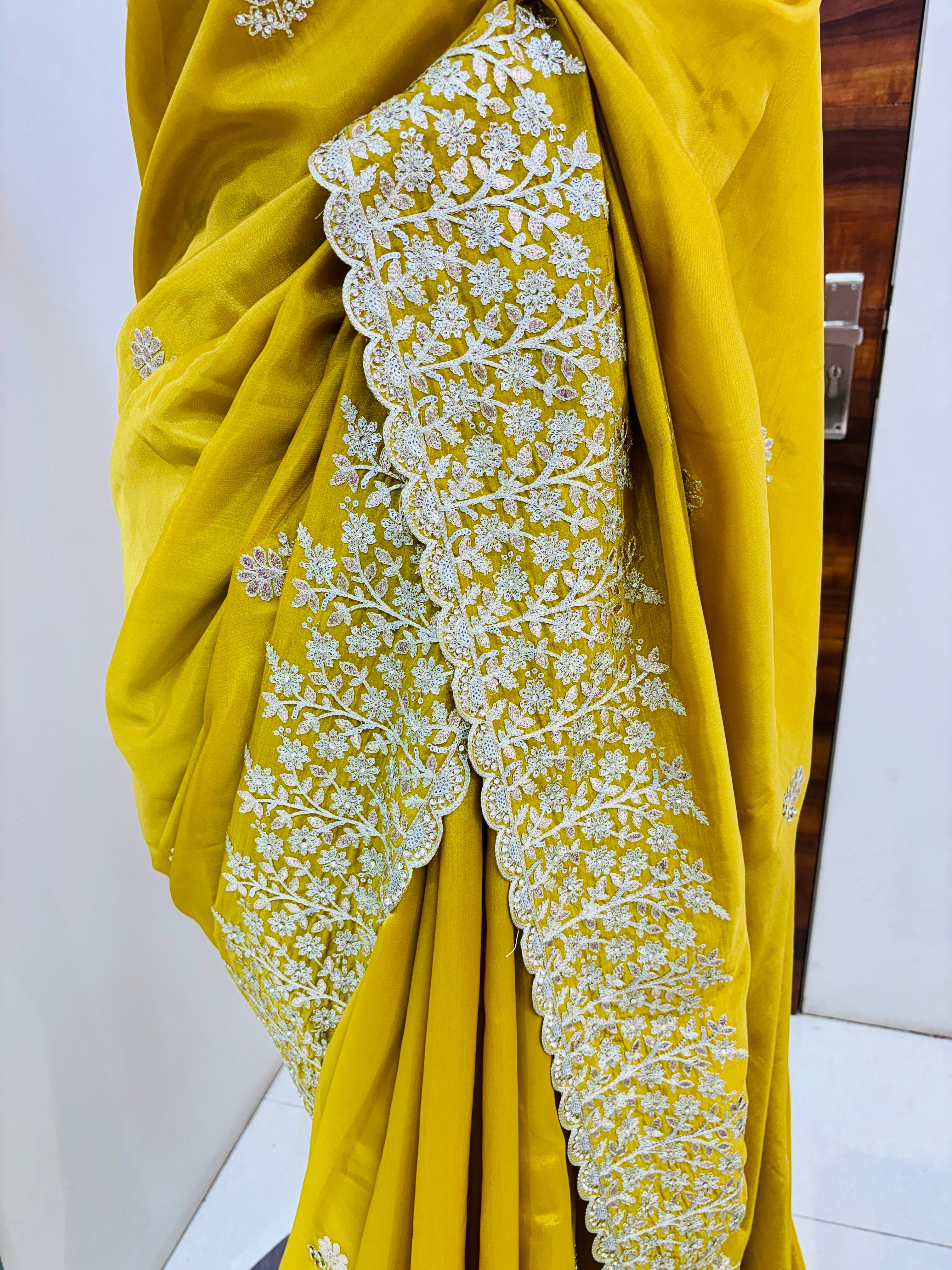 Mustard Tissue Silk Pittan Work Saree