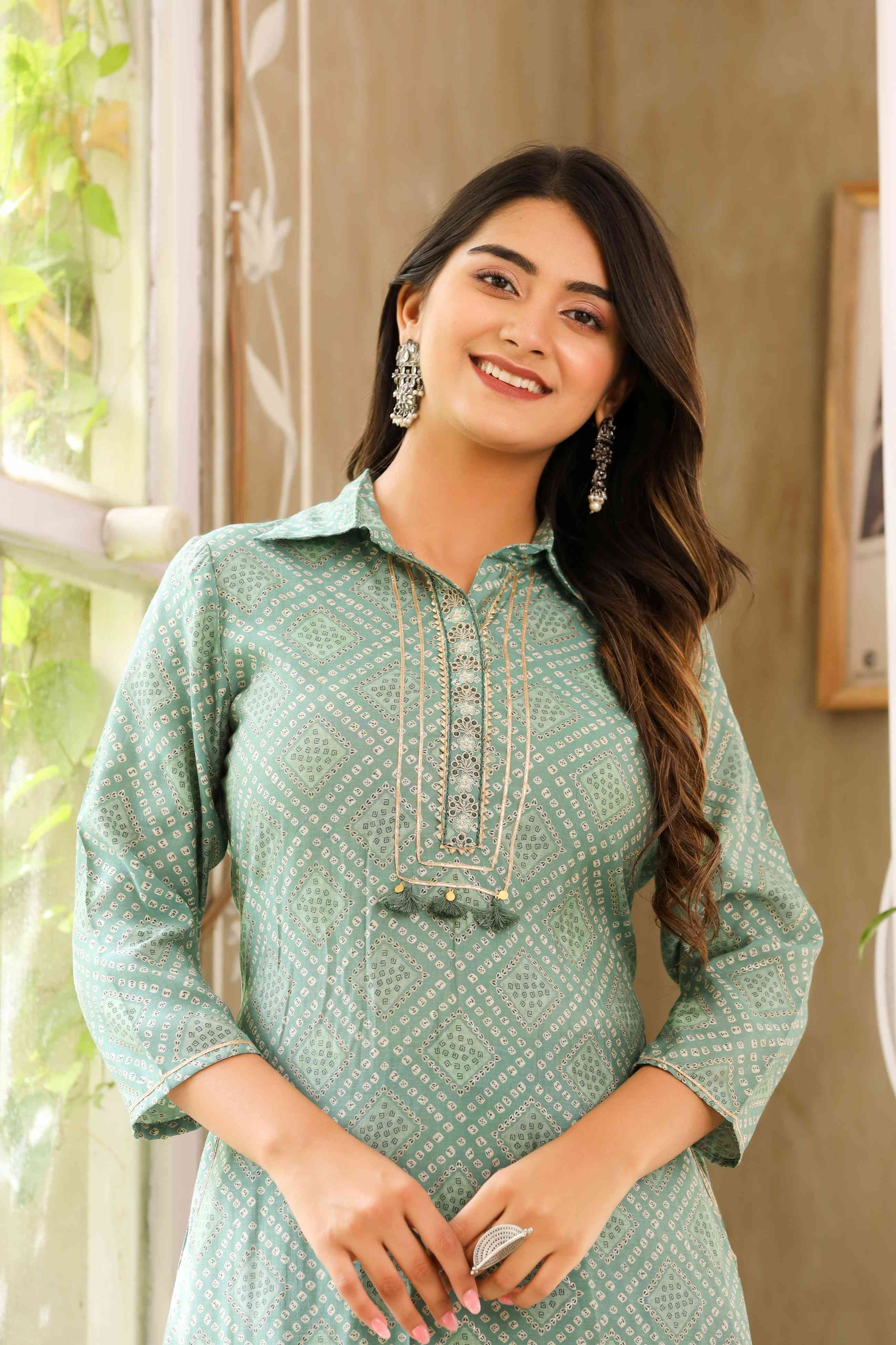 Mint Green Bandhej Kurta With Bottom