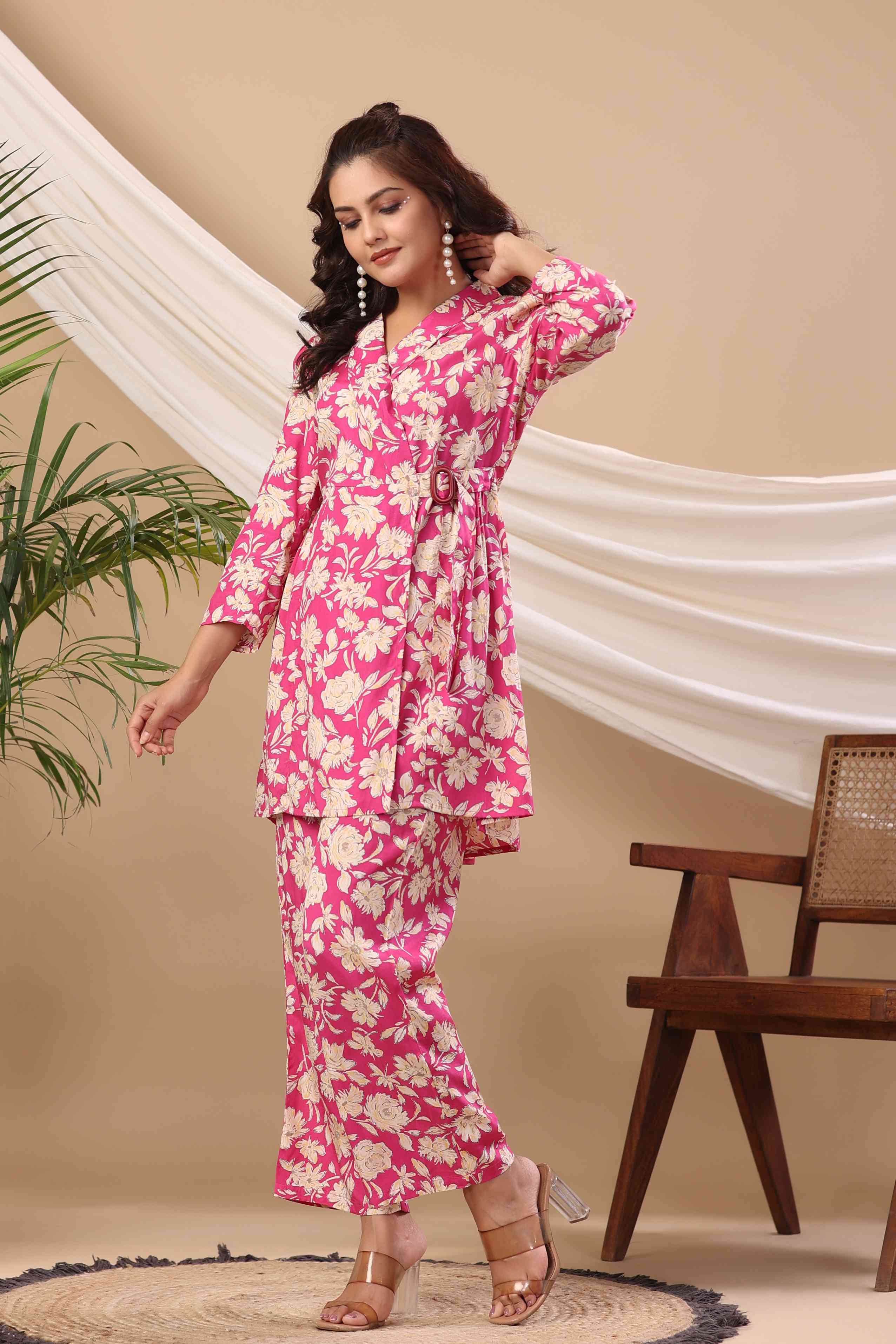 Pink Floral Print Muslin Jacket Style Co-Ord Set