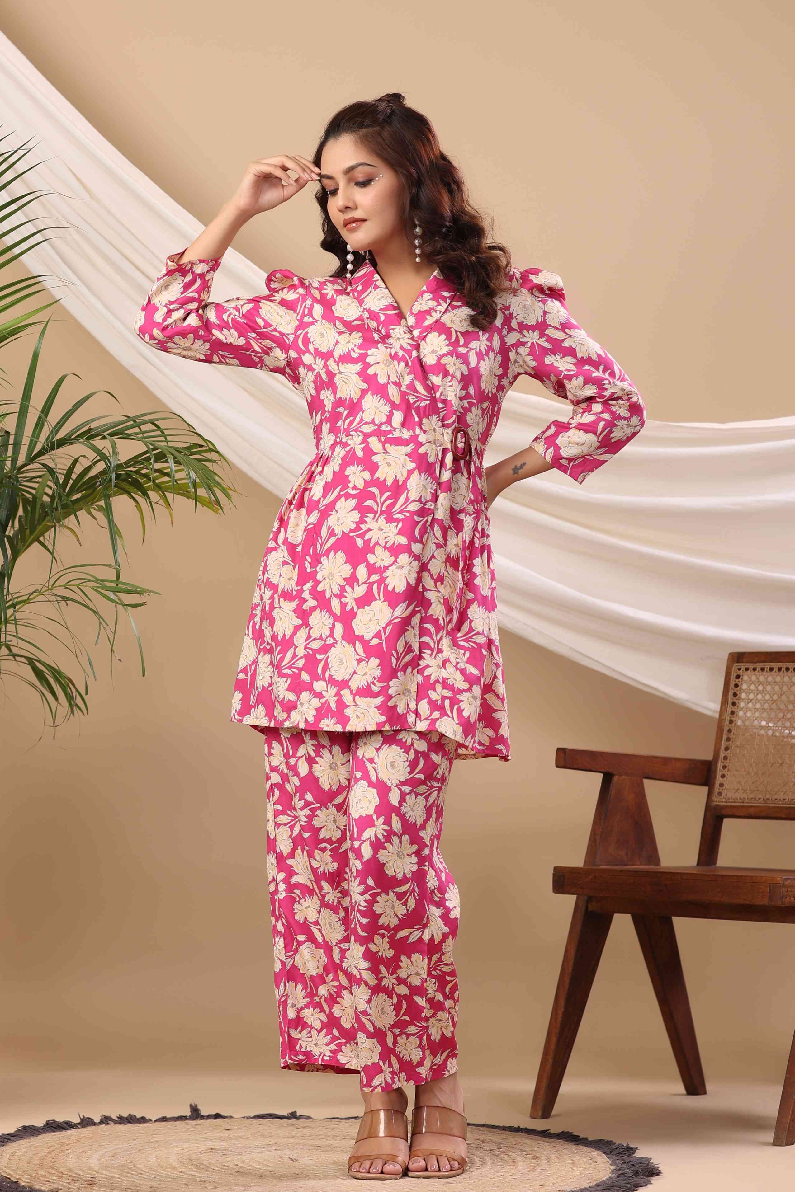 Pink Floral Print Muslin Jacket Style Co-Ord Set