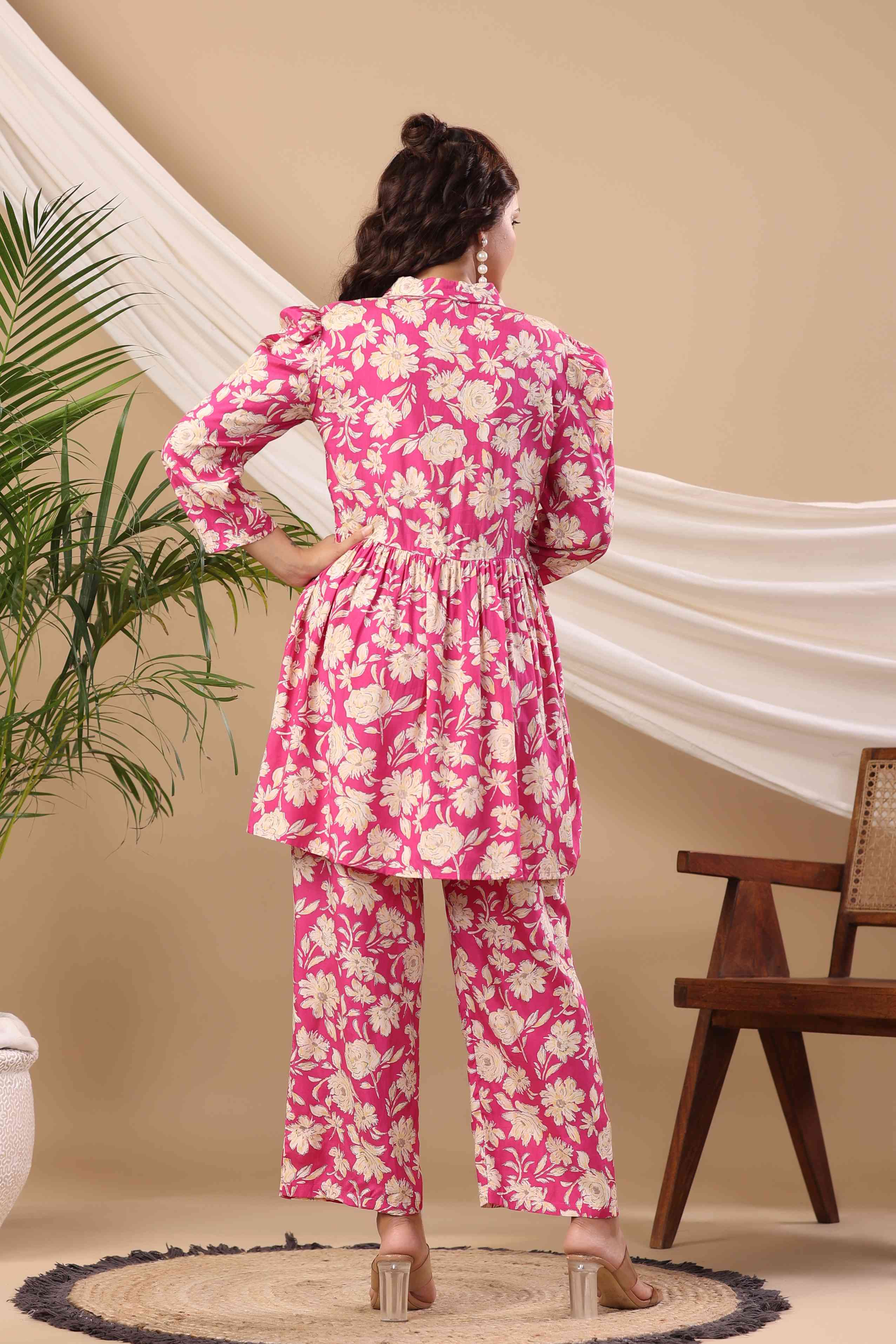 Pink Floral Print Muslin Jacket Style Co-Ord Set