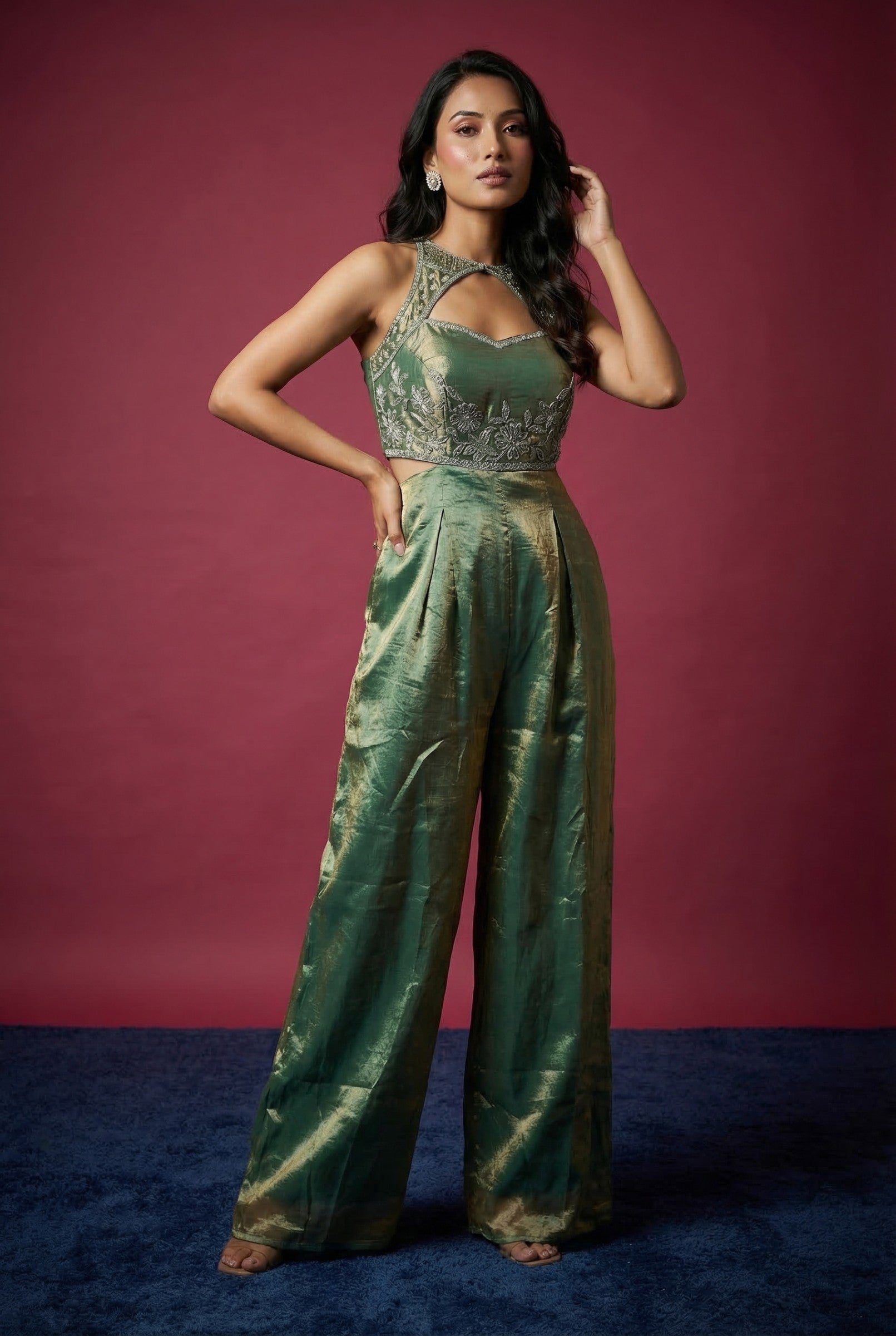Green Tissue Embroidered Jumpsuit