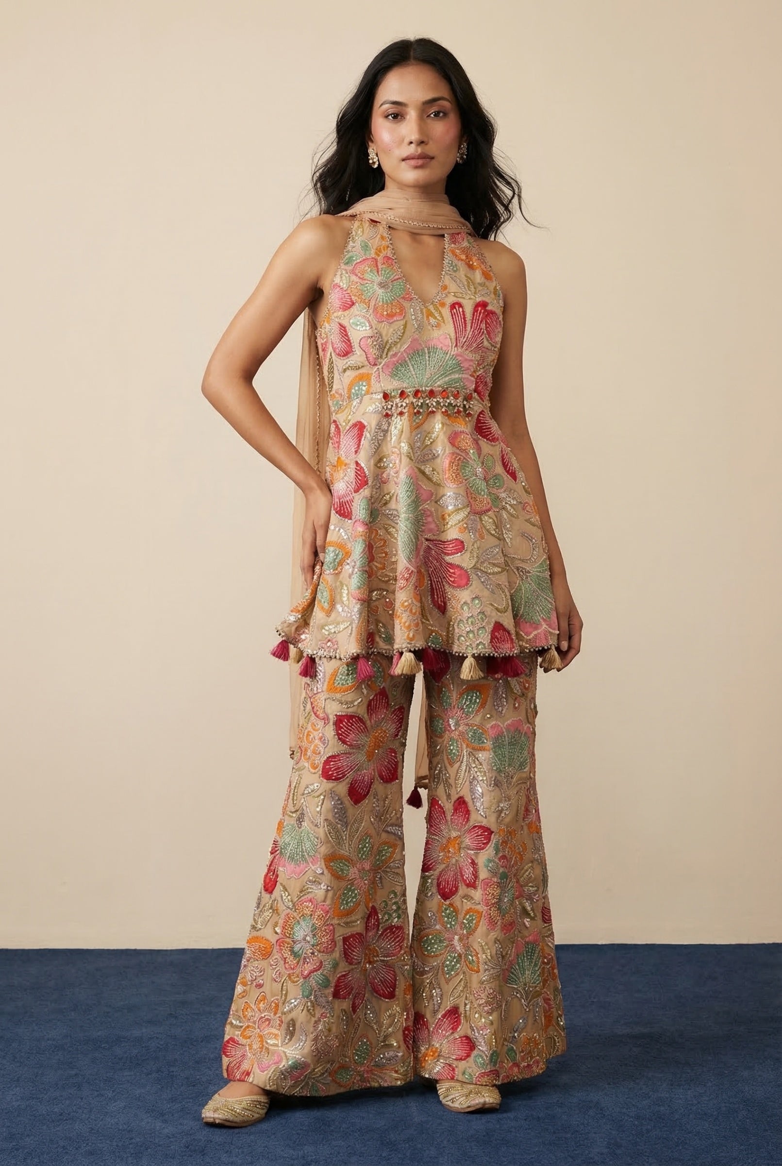 Light Brown Embroidered Palazzo Set