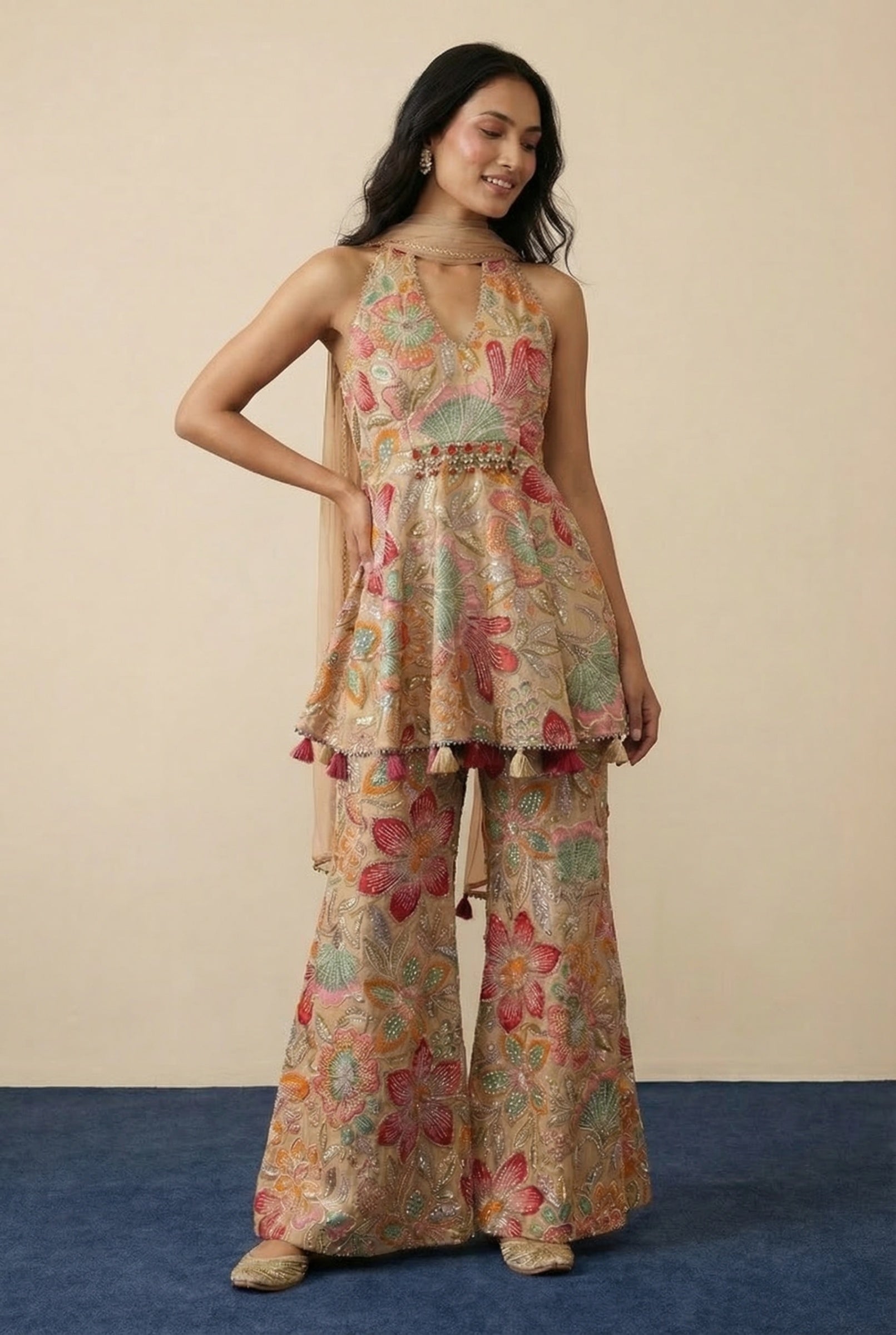 Light Brown Embroidered Palazzo Set