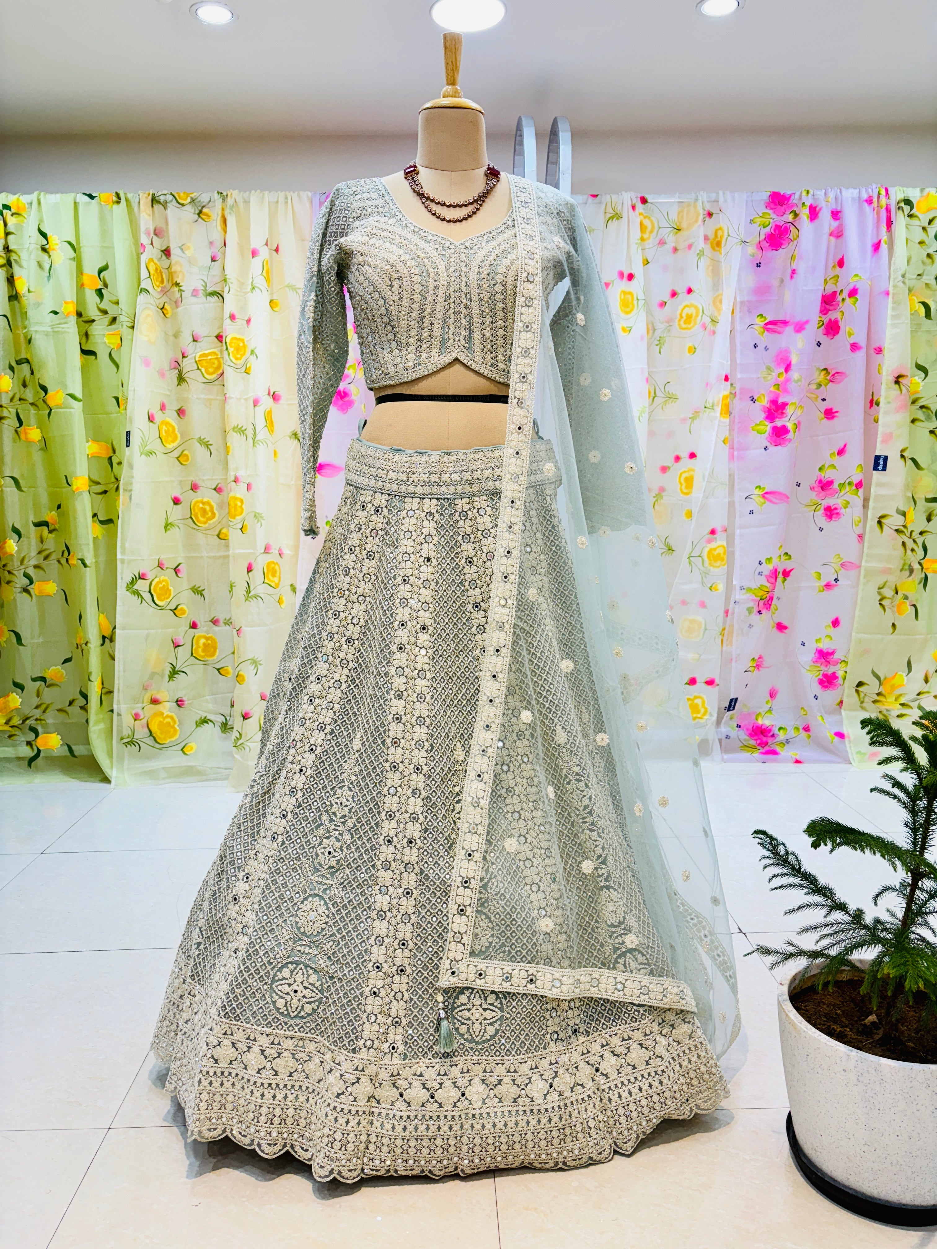 Light Grey Net Designer Lehenga