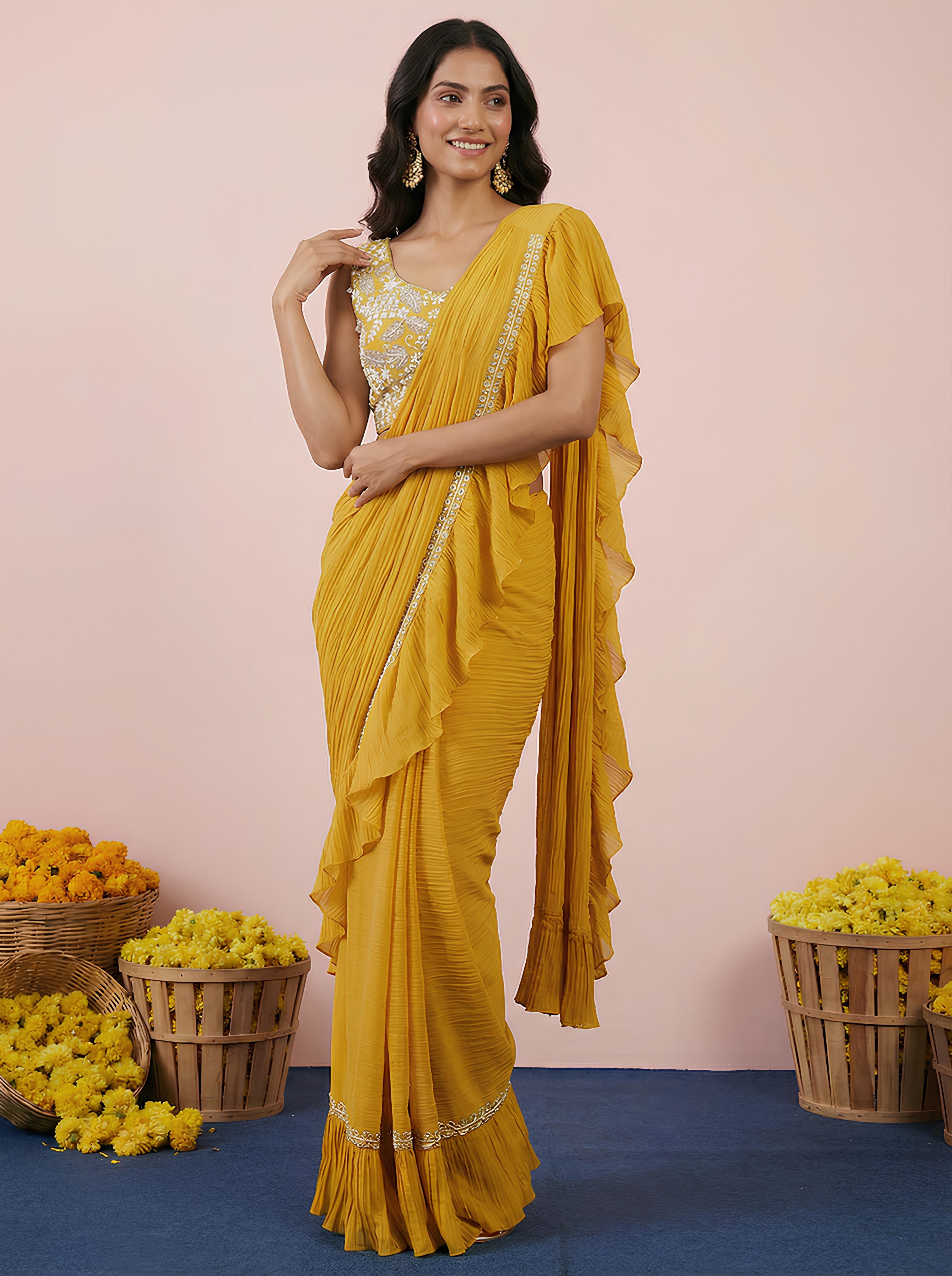Yellow Embroidered Georgette Frill Drape Saree