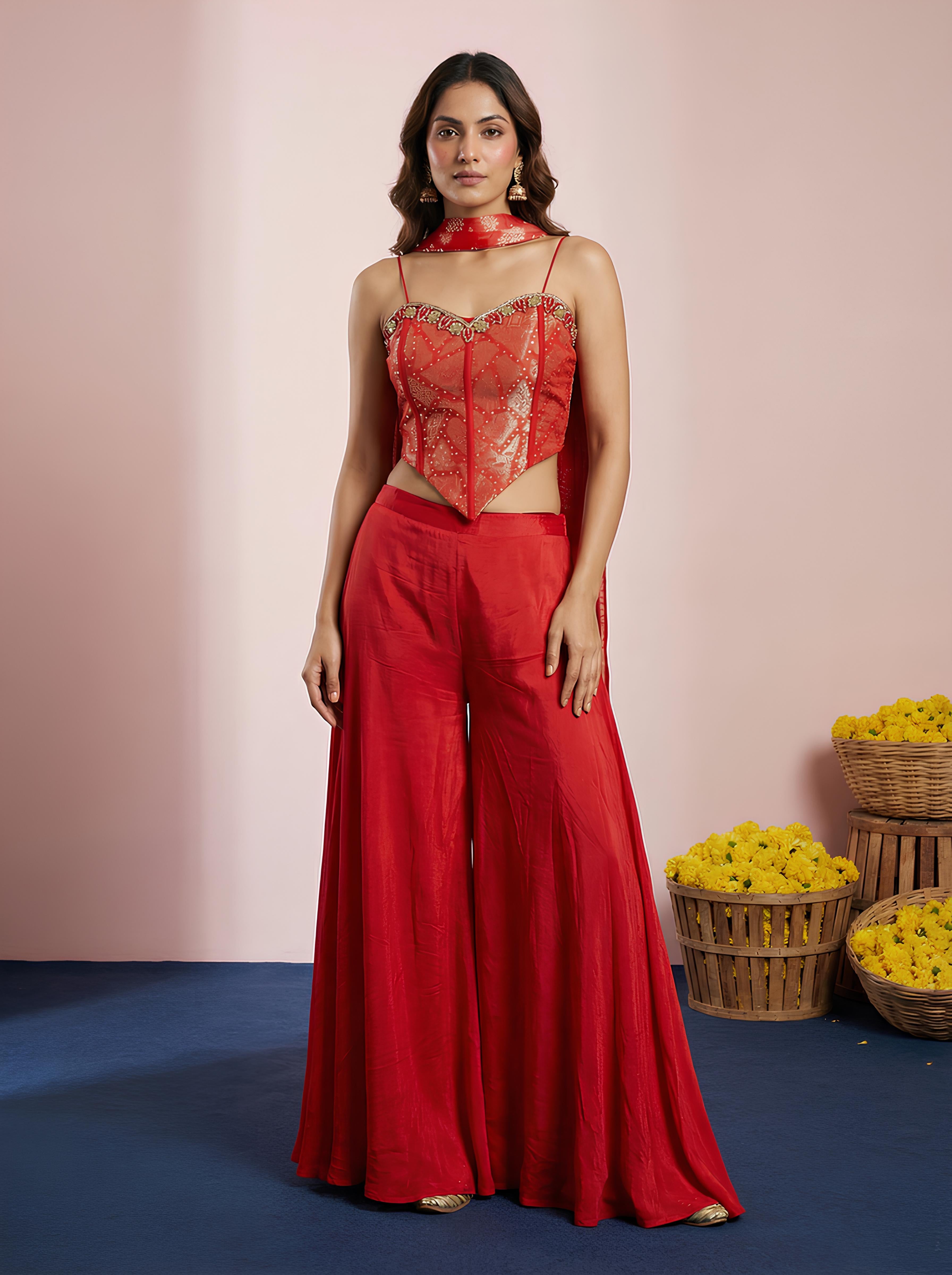 Maroon Embroidered Corset Top With Sharara Suit