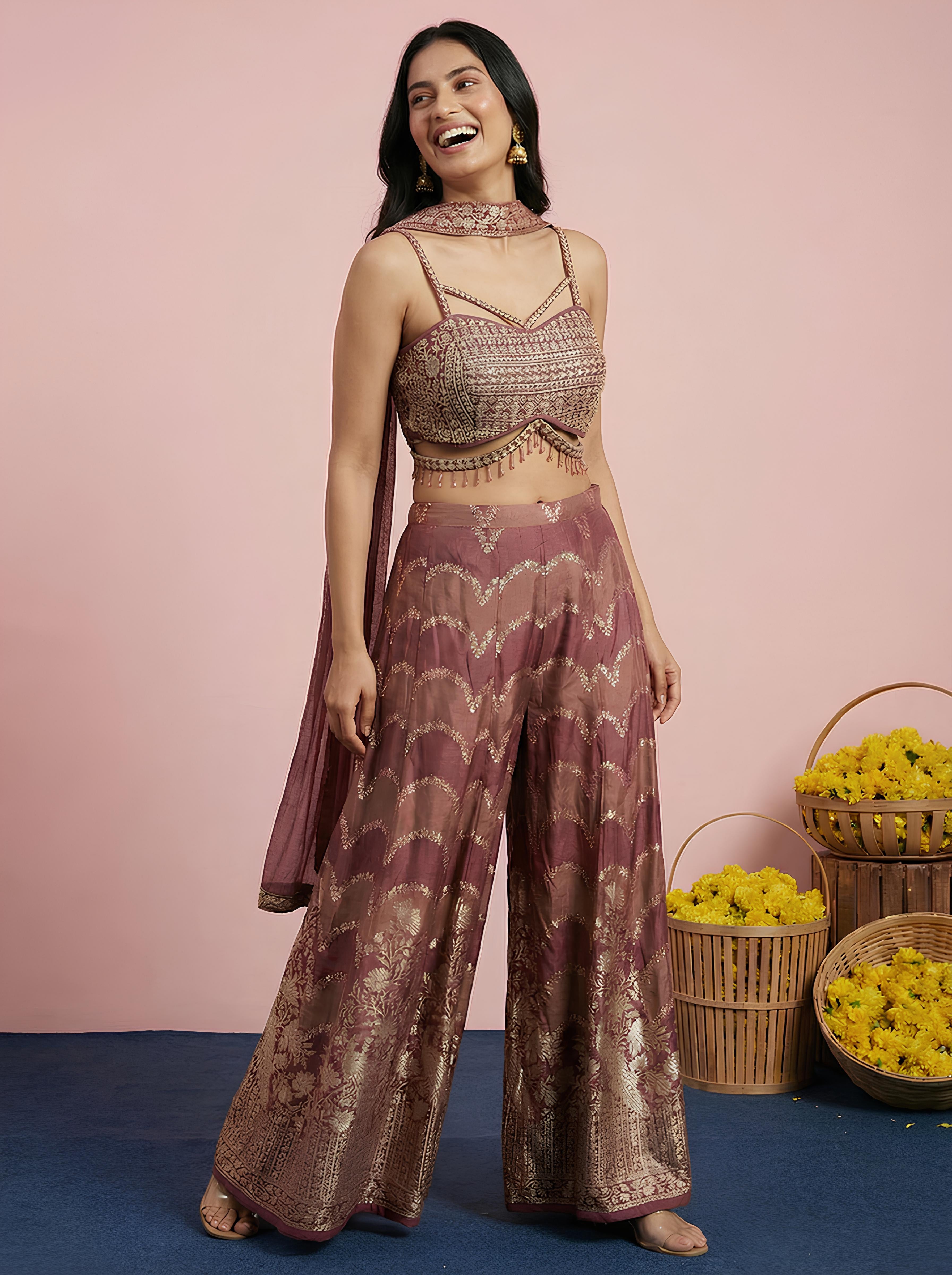 Light Maroon Embroidered Corset Top With Sharara Suit