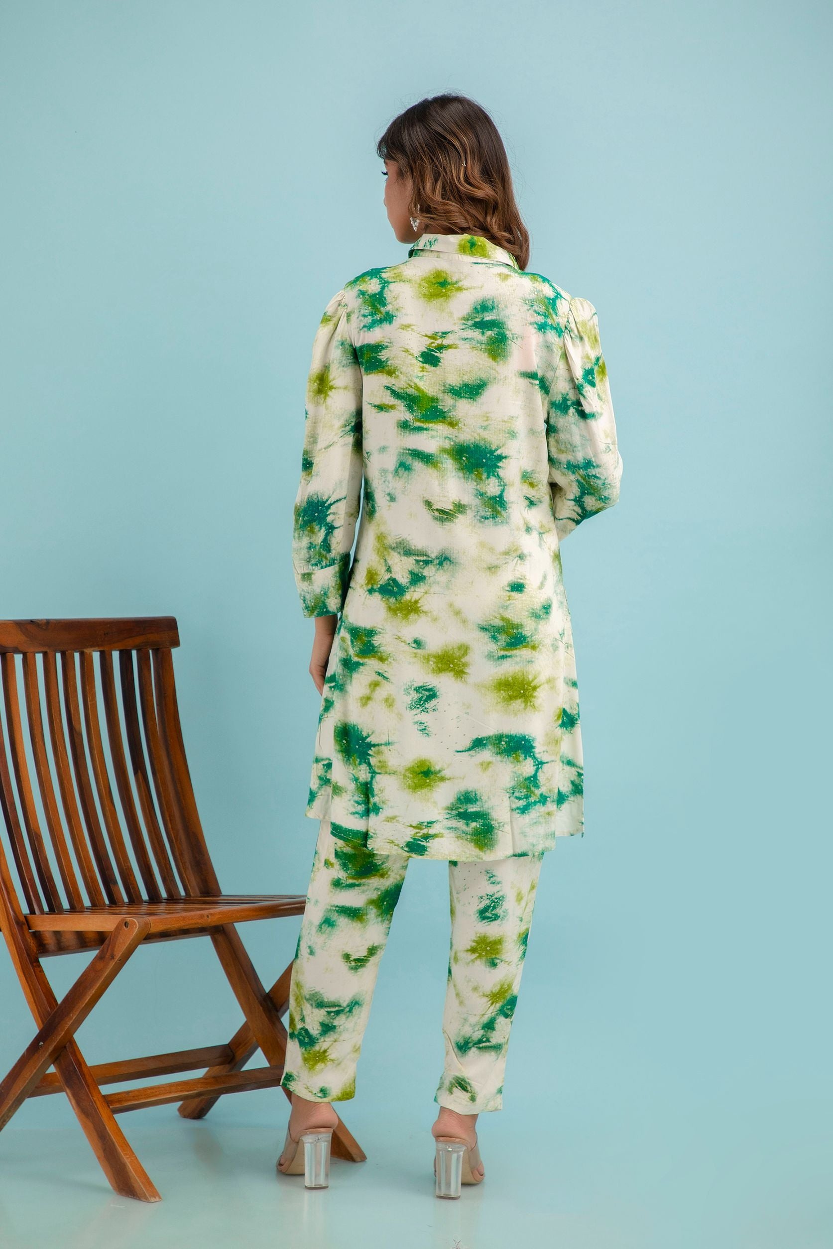 Off White & Green Shibori Muslin Co-Ord Set