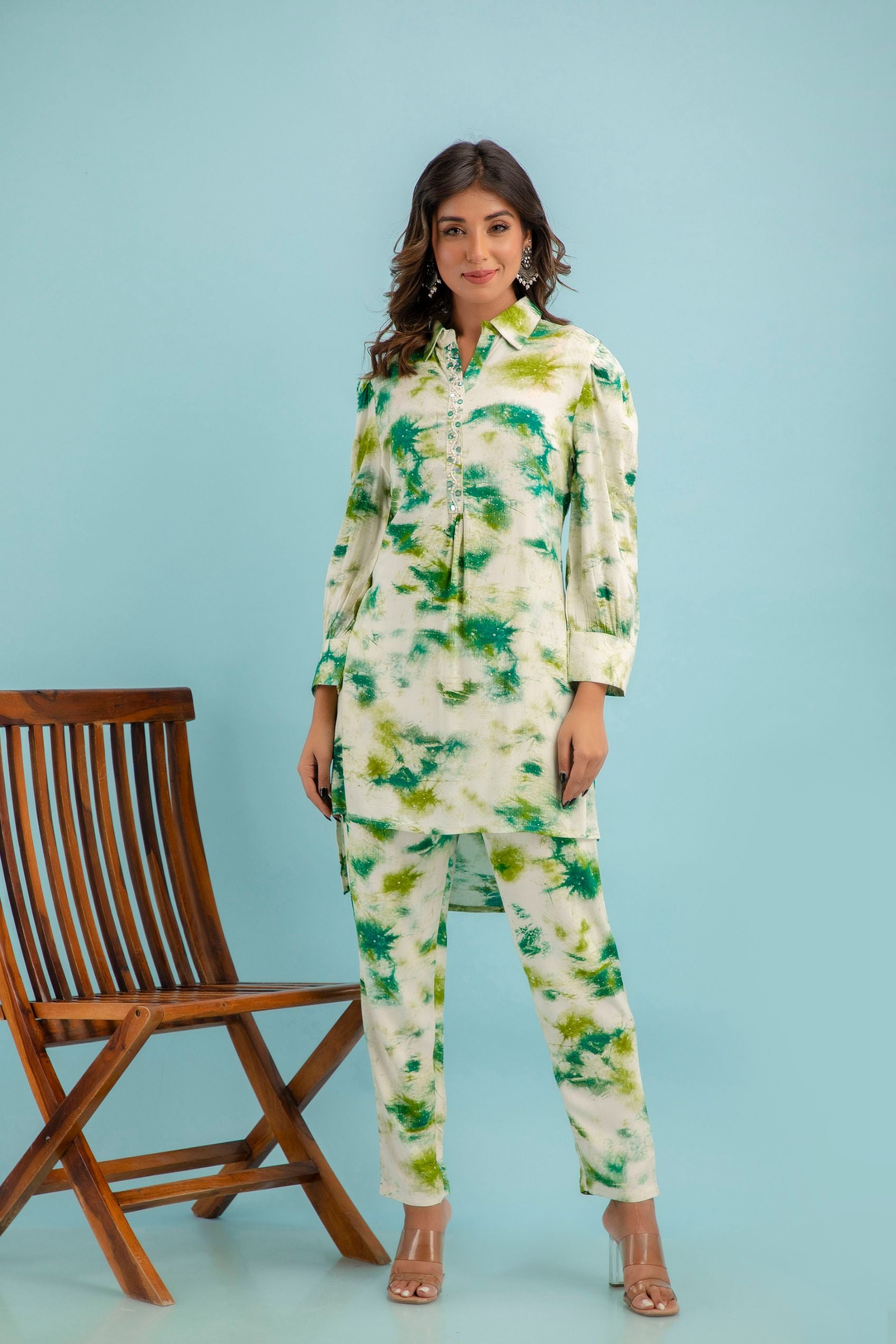 Off White & Green Shibori Muslin Co-Ord Set