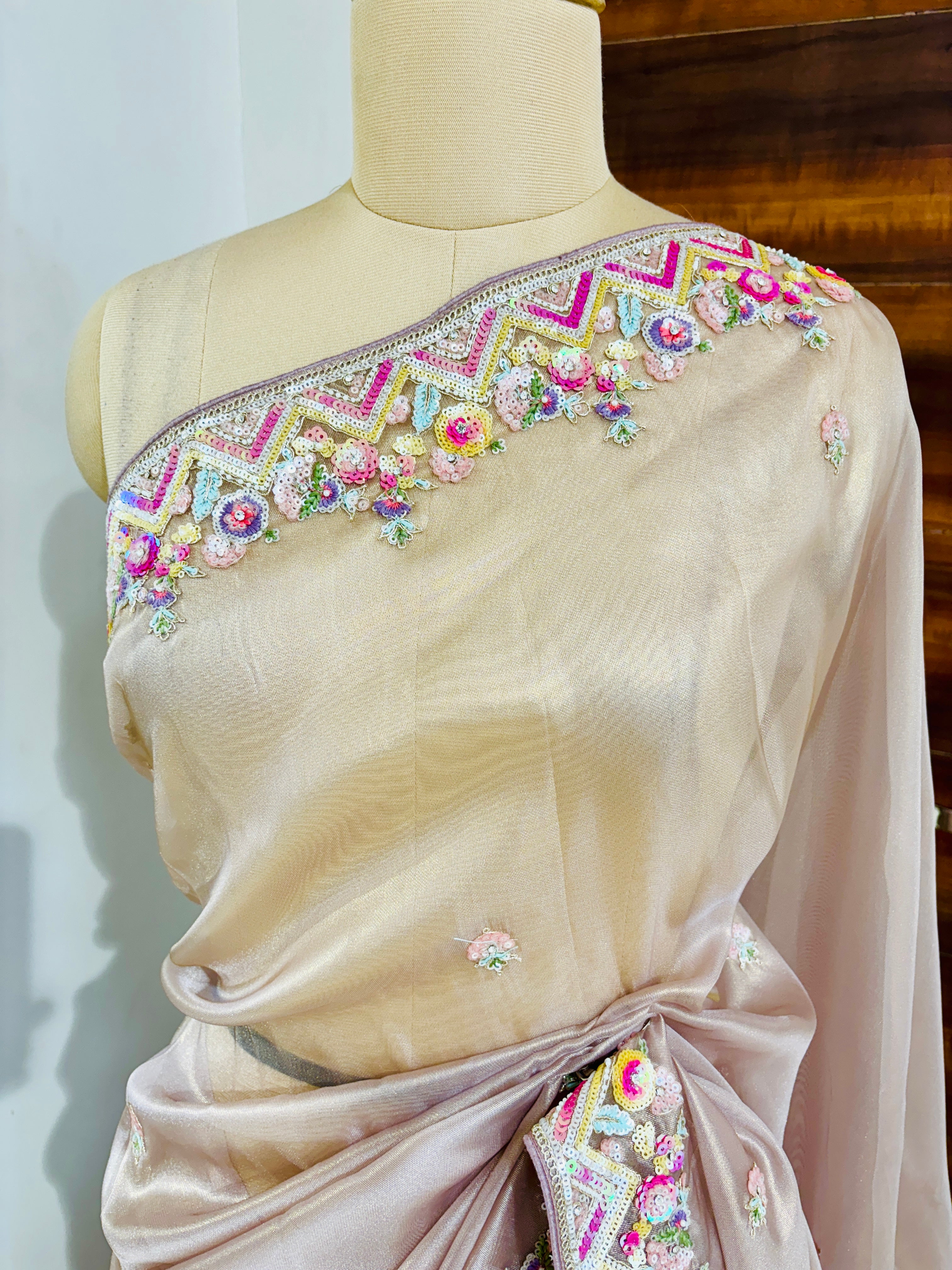 Salmon Pink Tissue Designer Saree