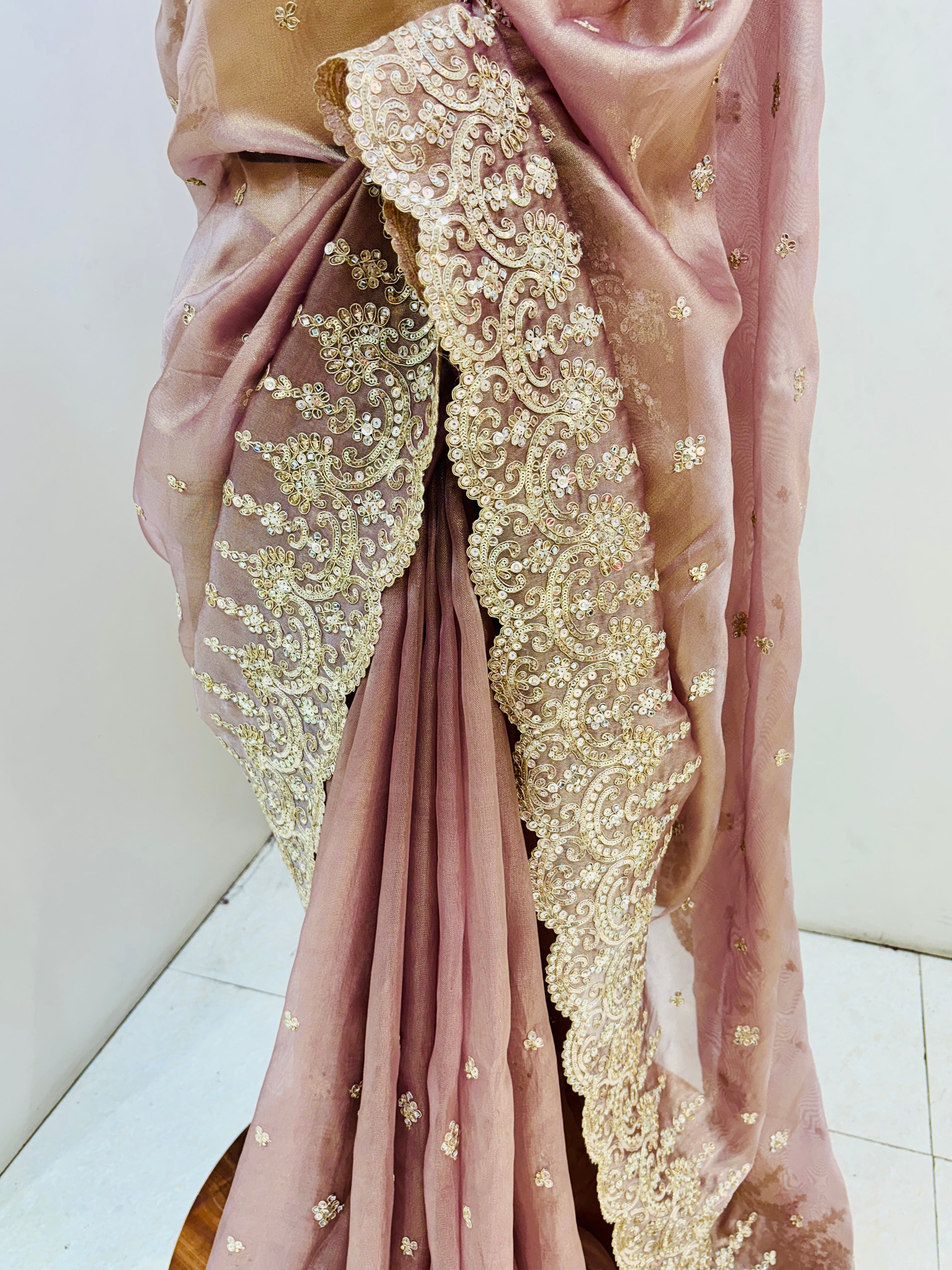 Light Brown Hand Embroidered Tissue Saree