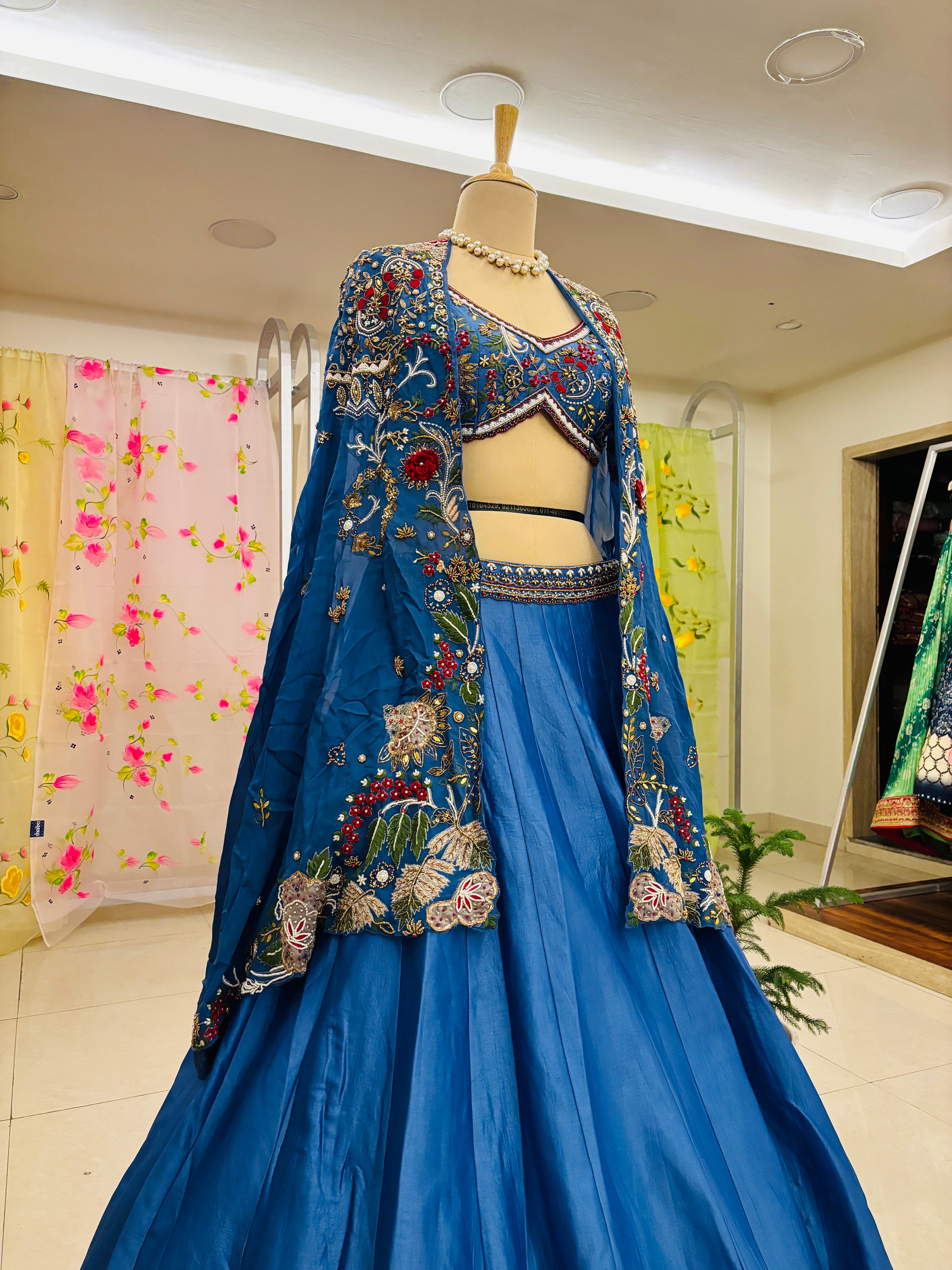 Dark Blue Raw Silk Hand Work Lehenga With Shrug