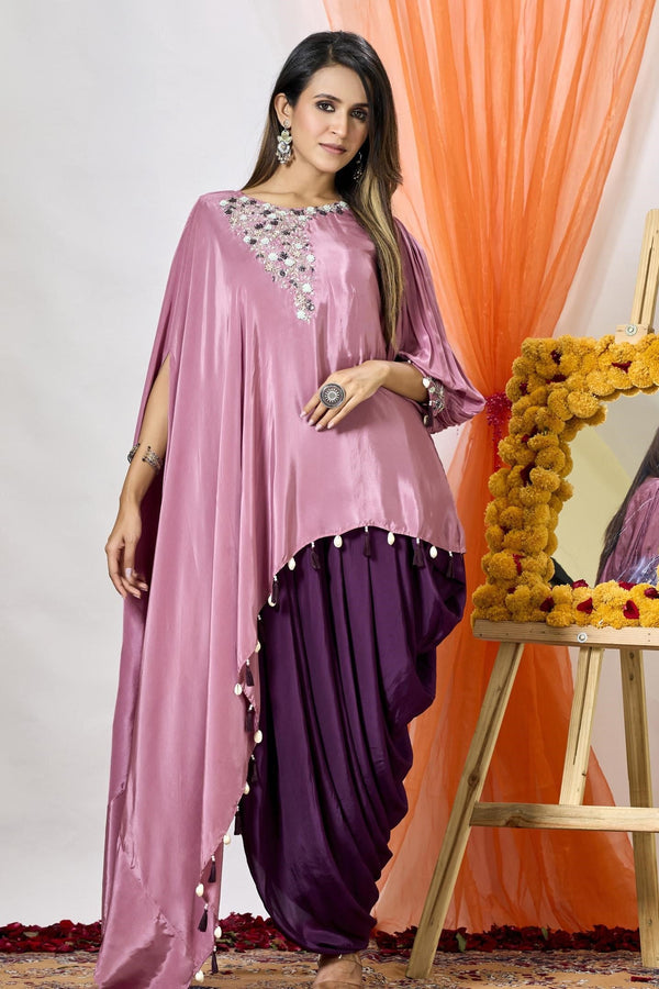 Soft Pink Embellished Satin Silk Tunic & Dhoti Set