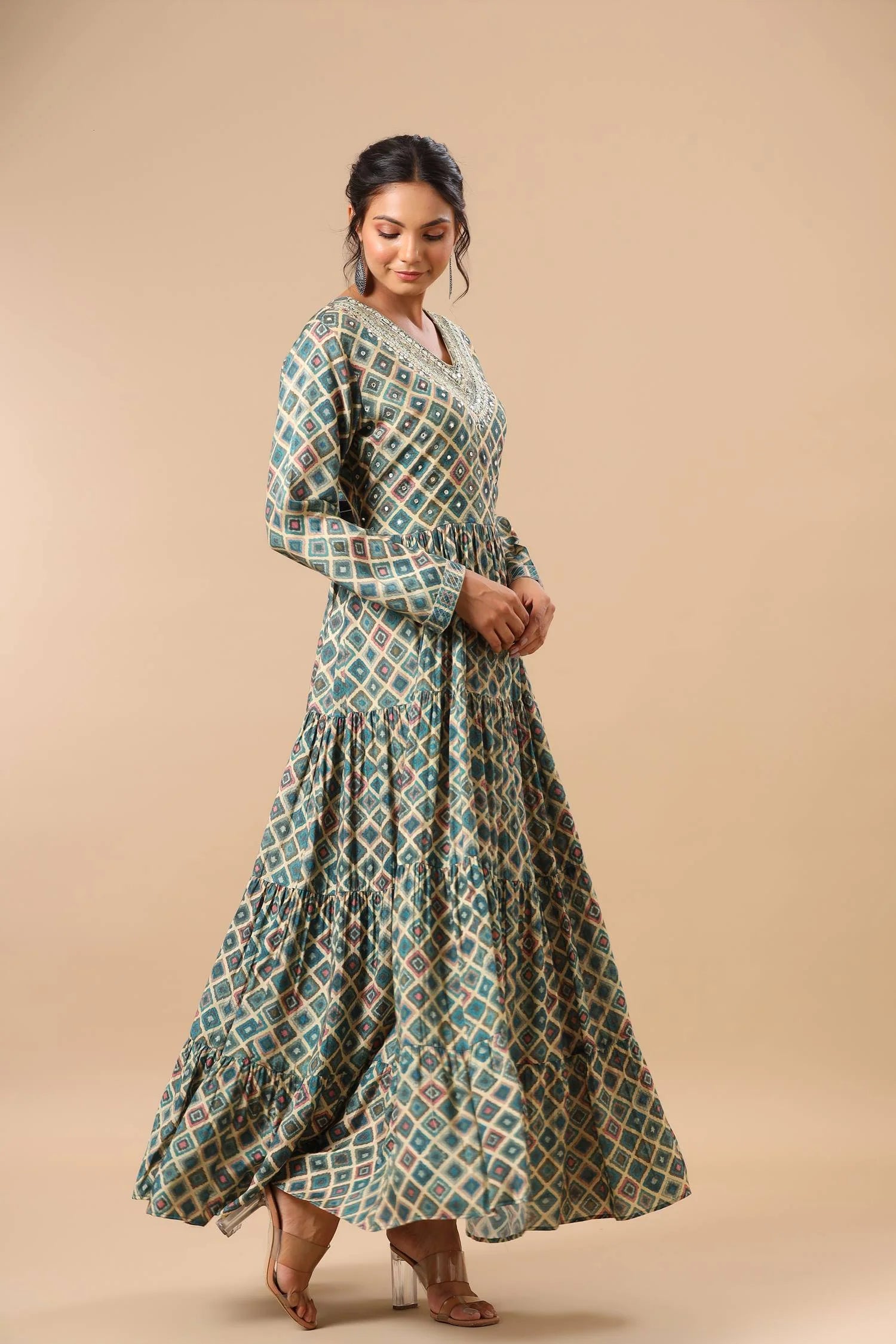 Green Muslin Printed Gown