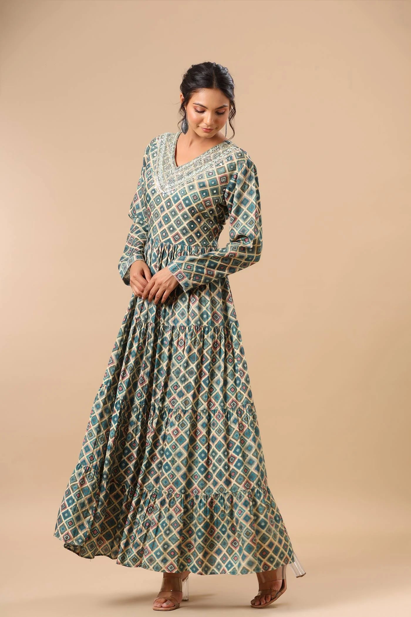 Green Muslin Printed Gown