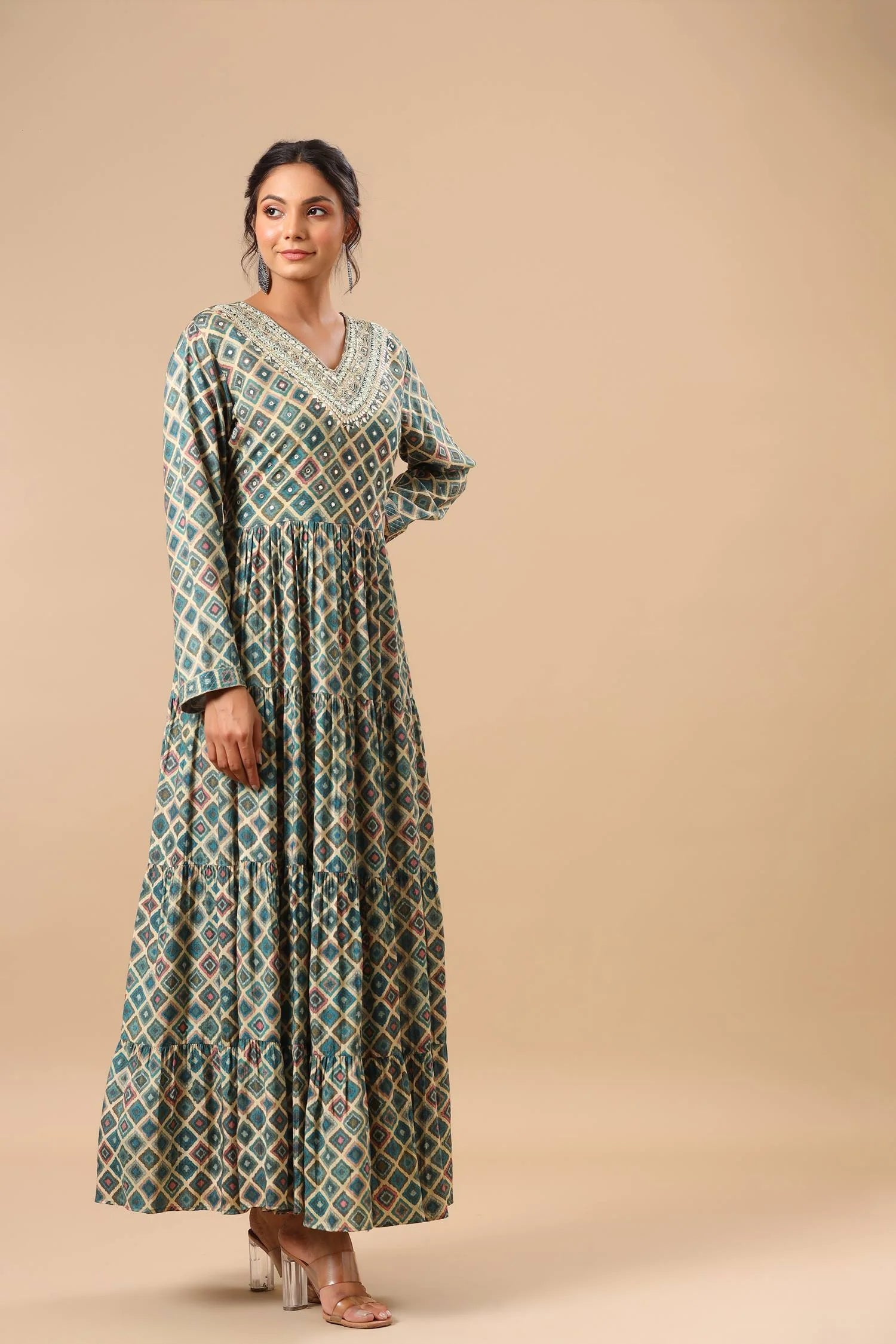 Green Muslin Printed Gown