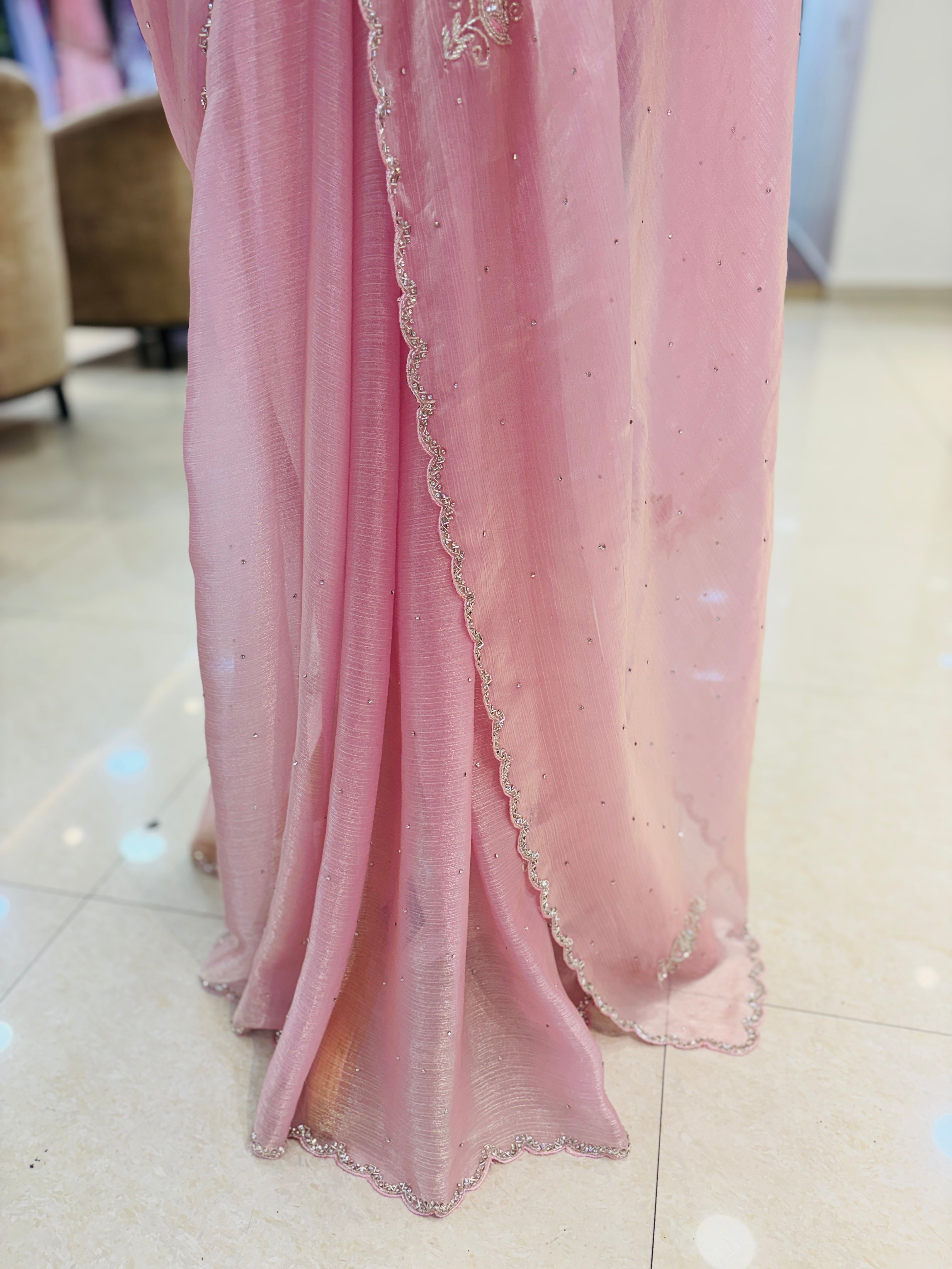 Light Pink Tissue Chiffon Saree With Readymade Blouse