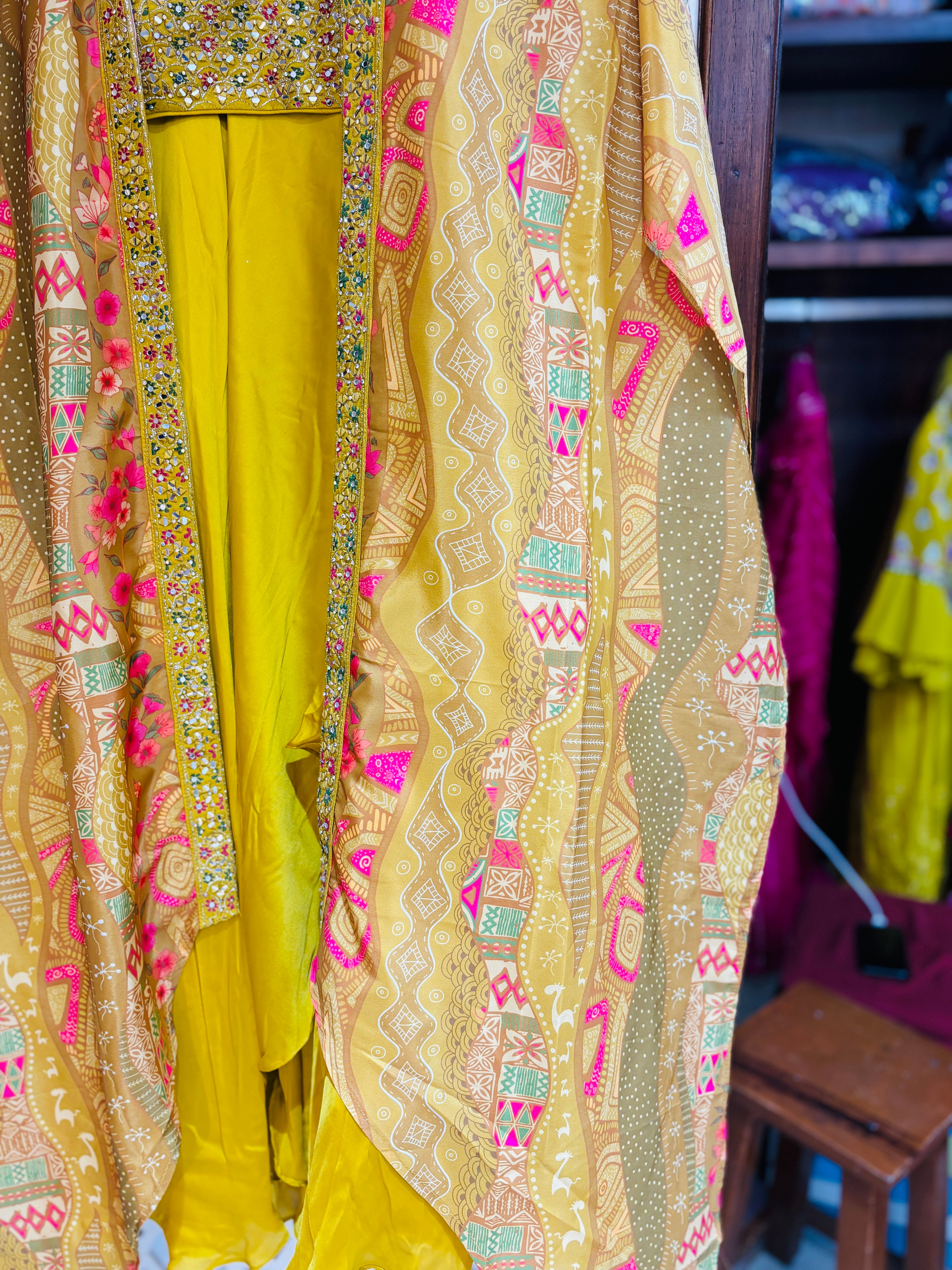 Yellow Digital Printed Silk Lehenga With Shrug Set