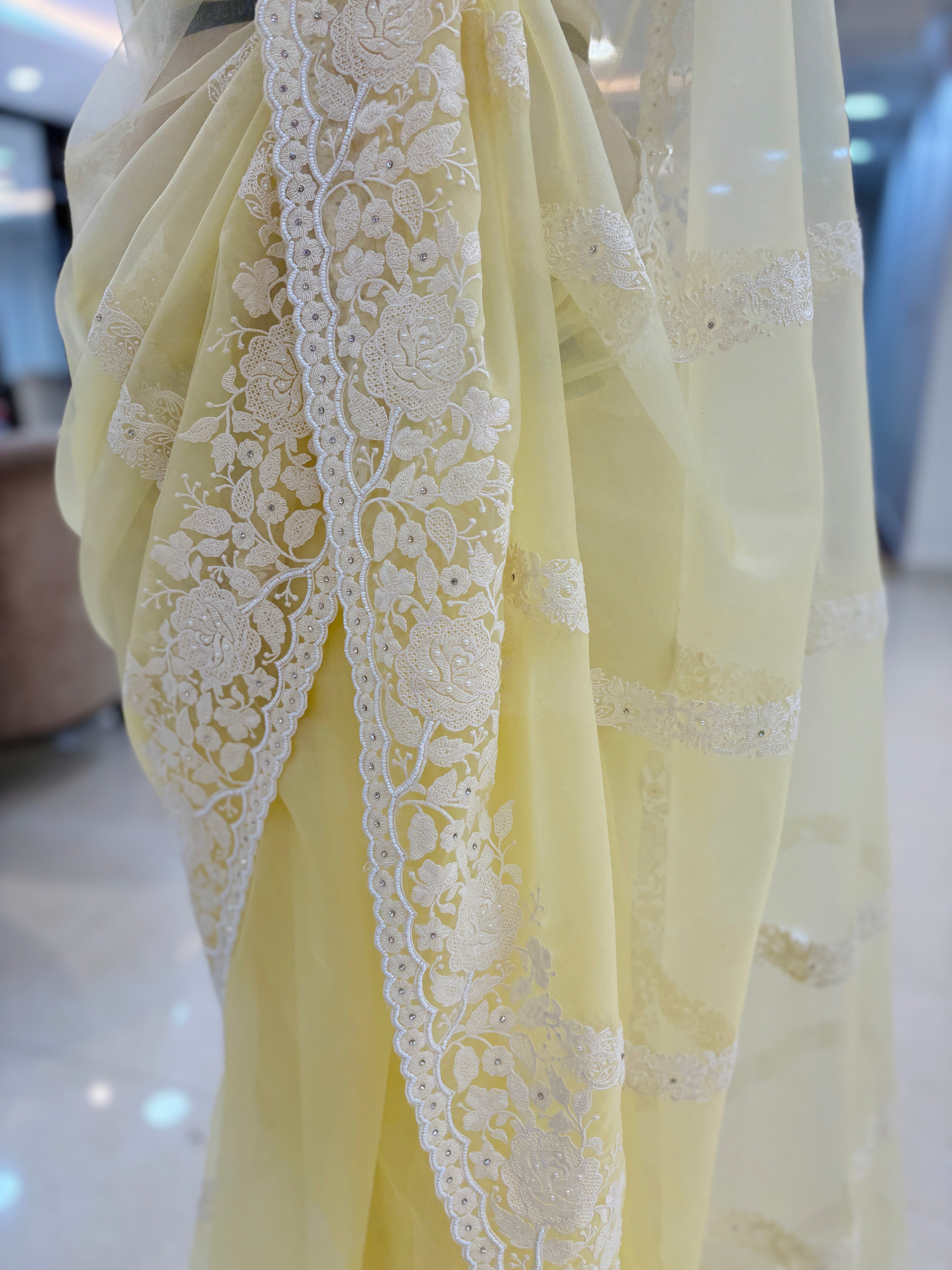 Yellow Organza Embroidered Saree