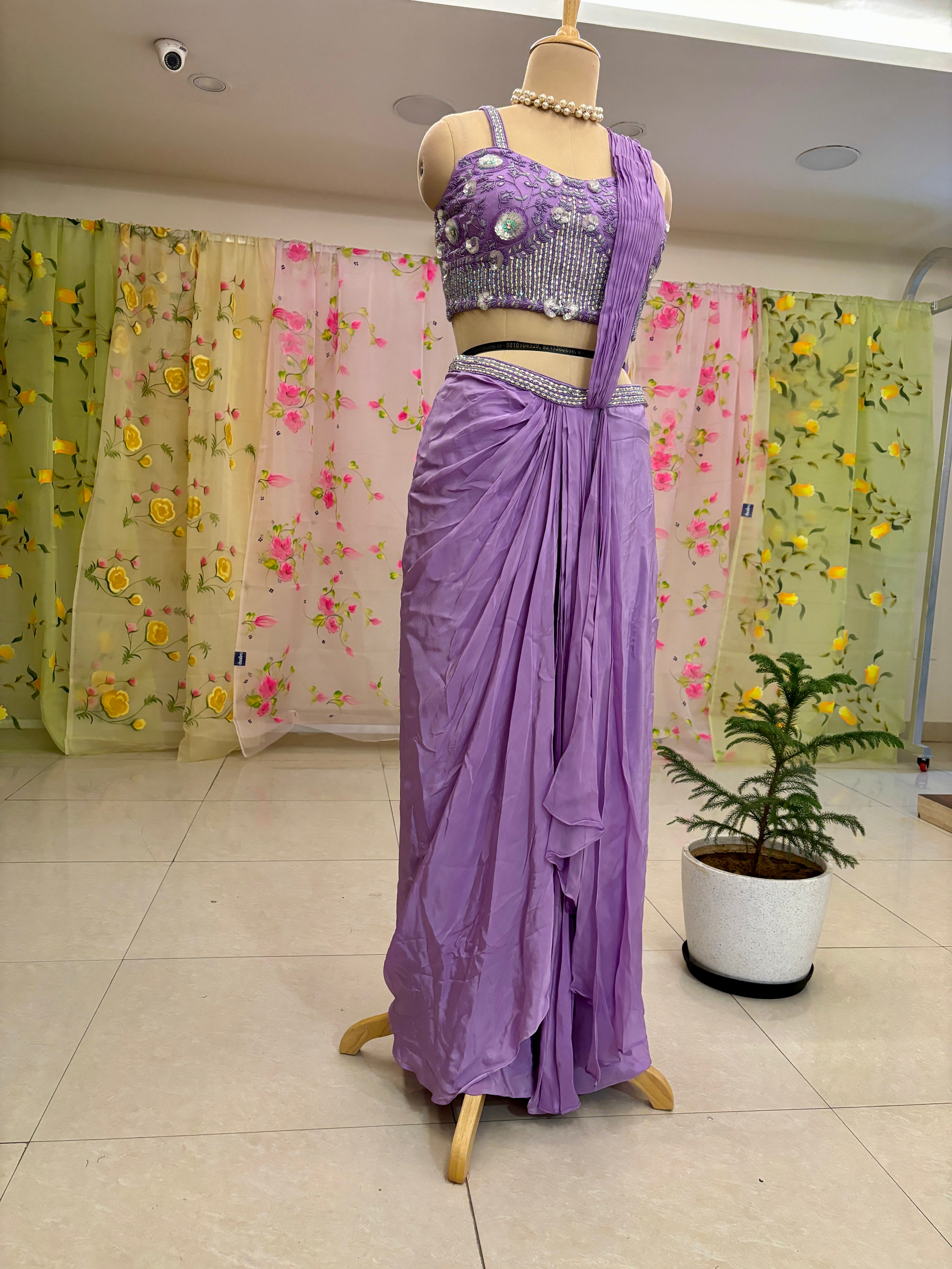 Purple Chinnon Silk Drape Saree With Readymade Blouse