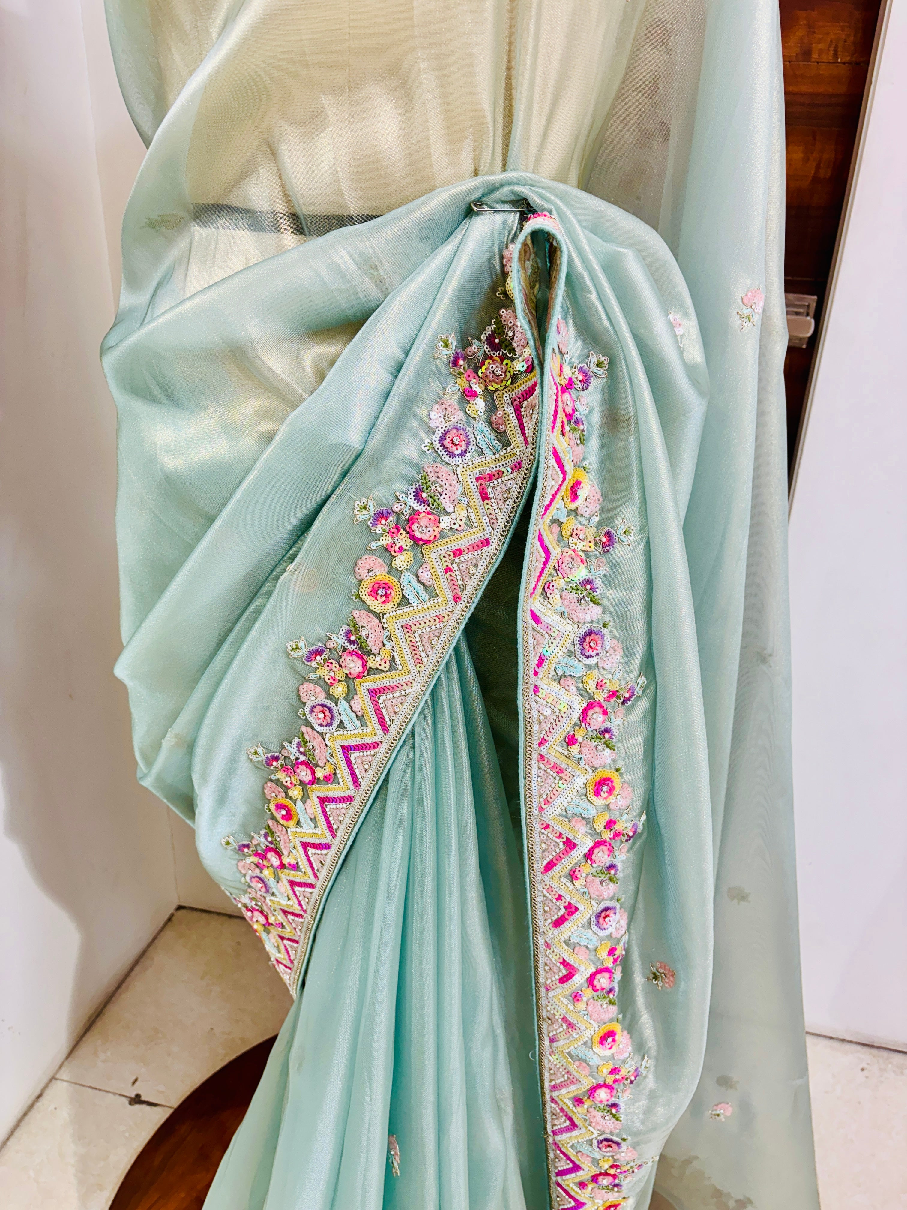 Ice Blue Tissue Designer Saree