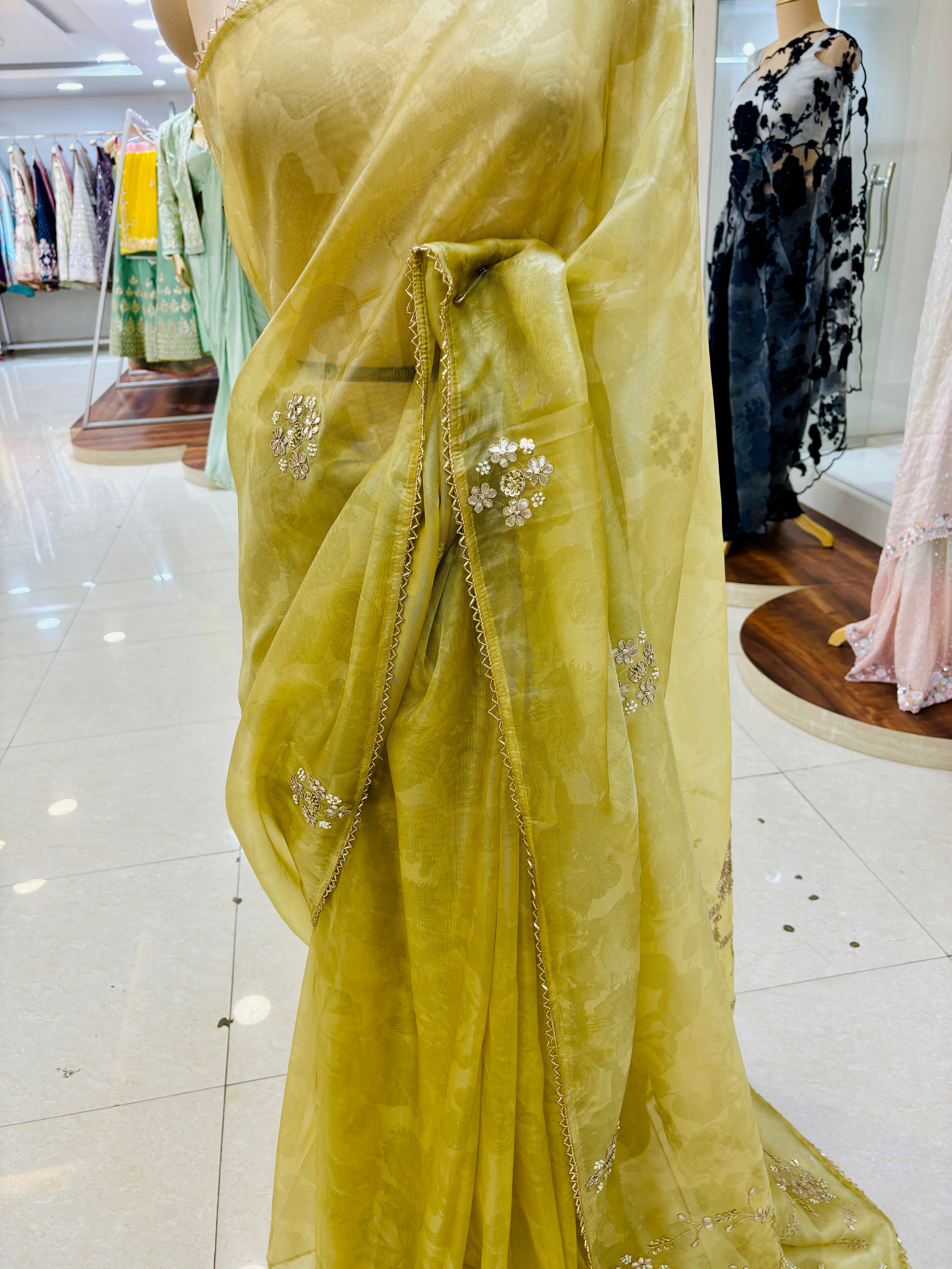 Mustard Print Tissue Organza Saree