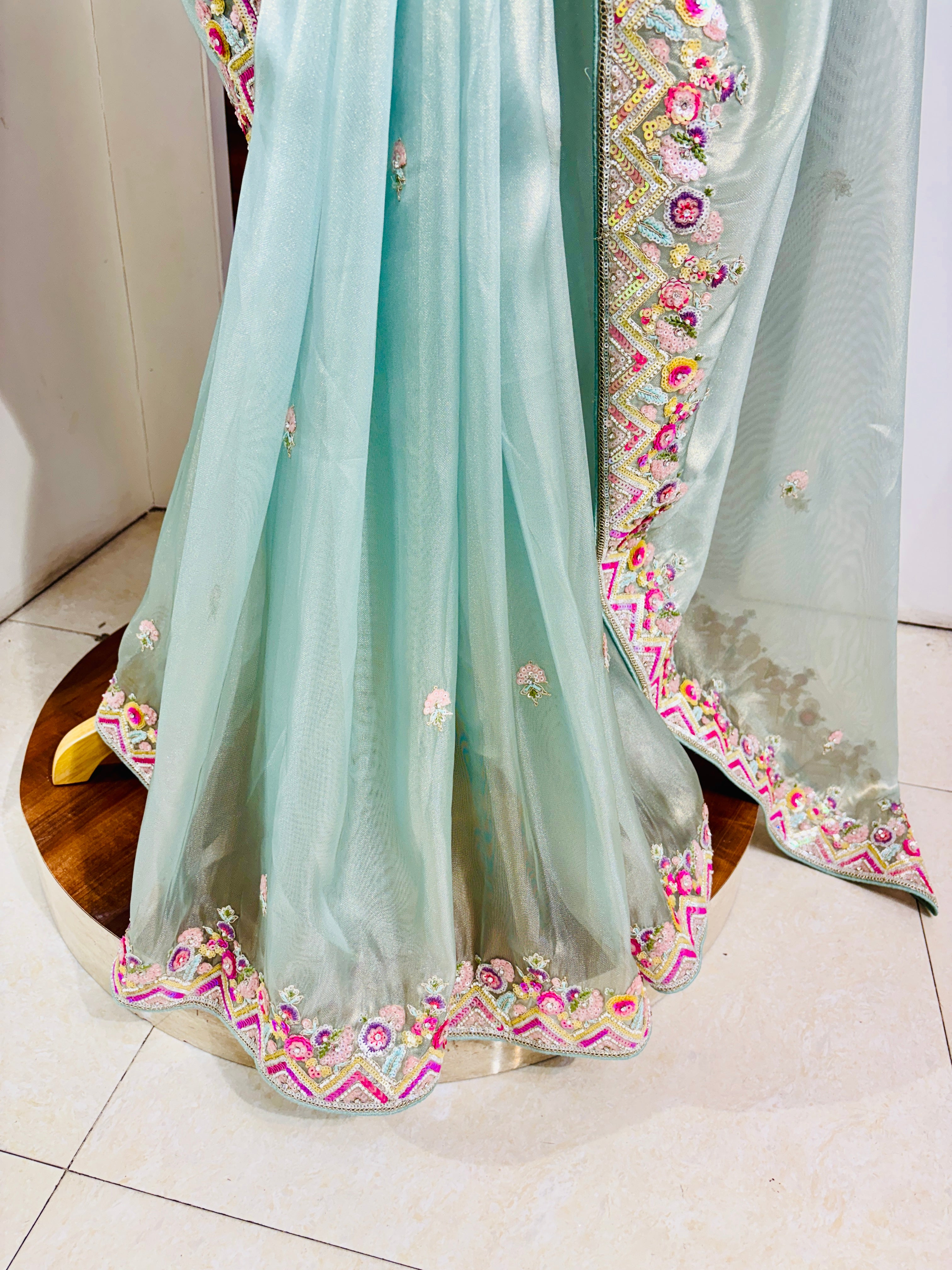 Ice Blue Tissue Designer Saree