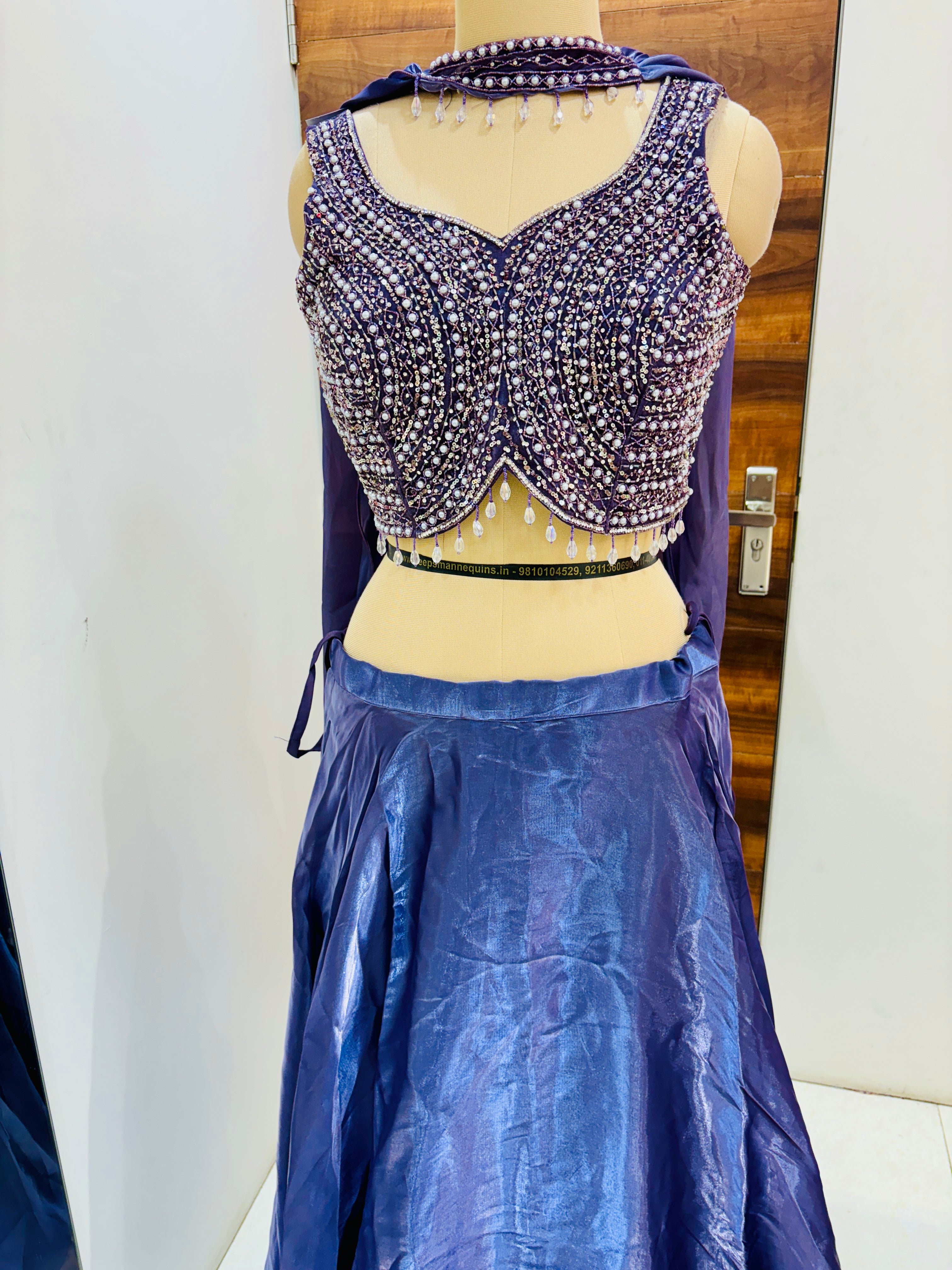 Navy Blue Embellished Shimmer Organza Lehenga Set