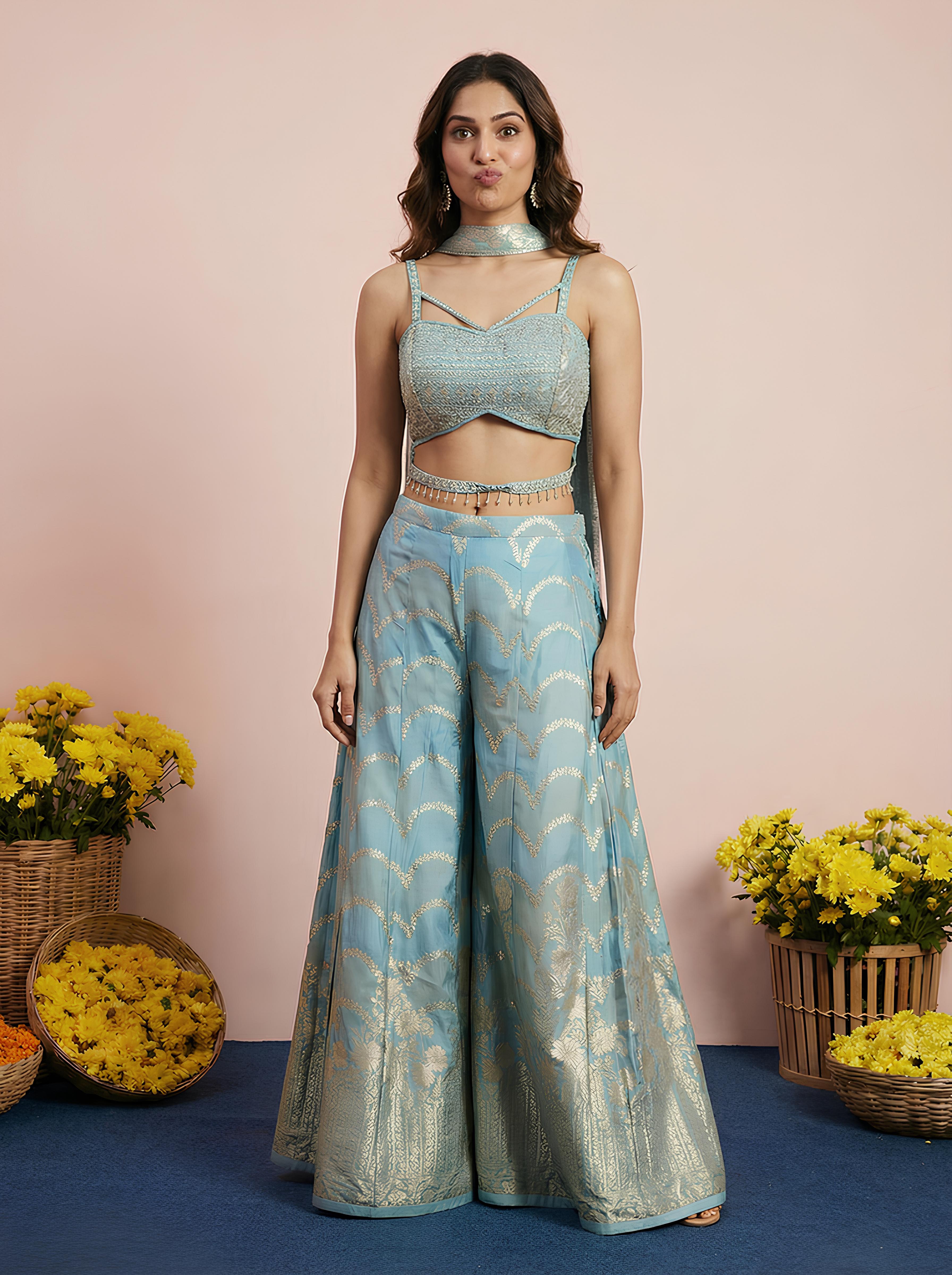 Sky Blue Embroidered Corset Top With Sharara