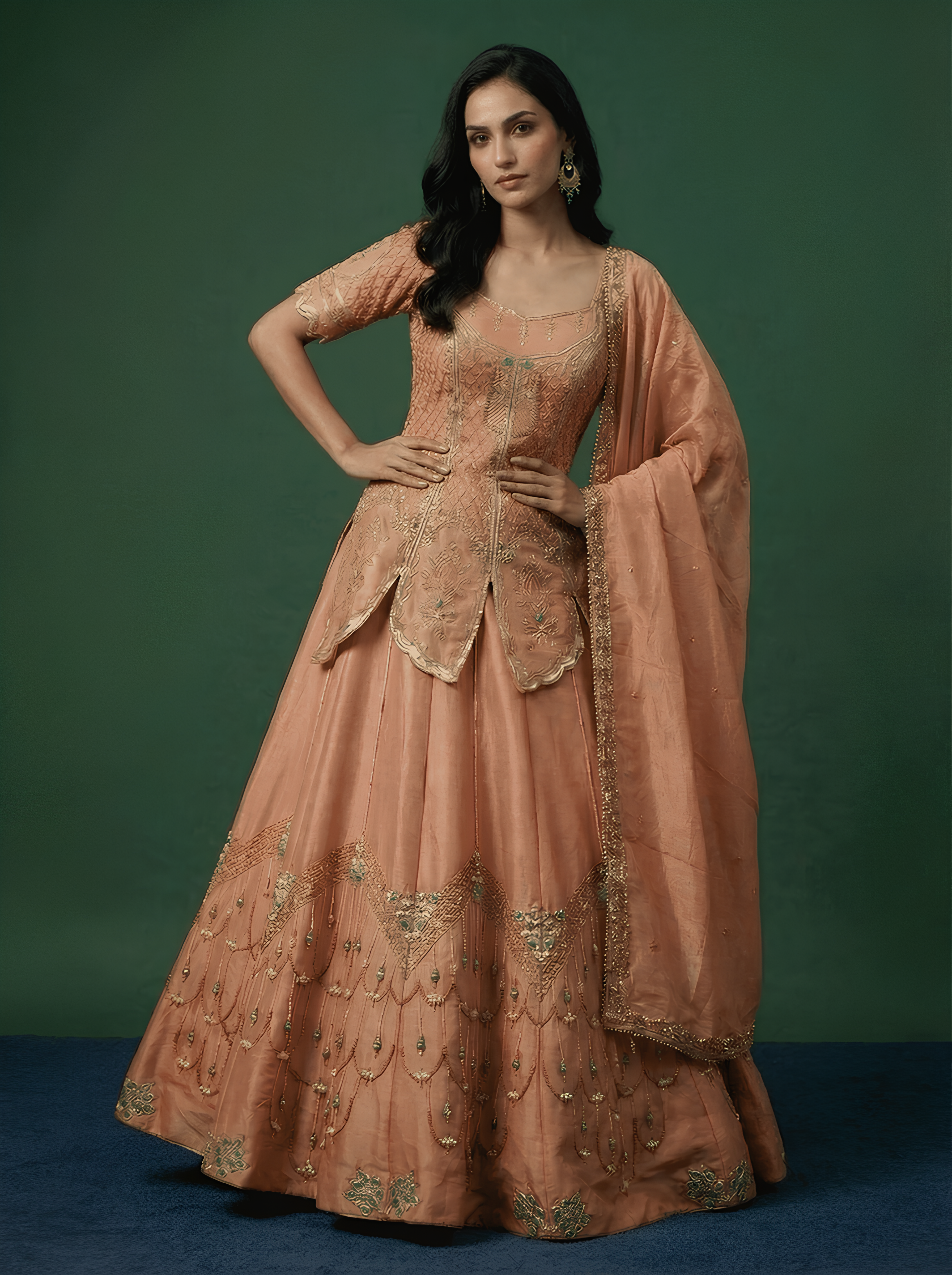 Peach Hand Embroidered Long Kurti With Lehenga