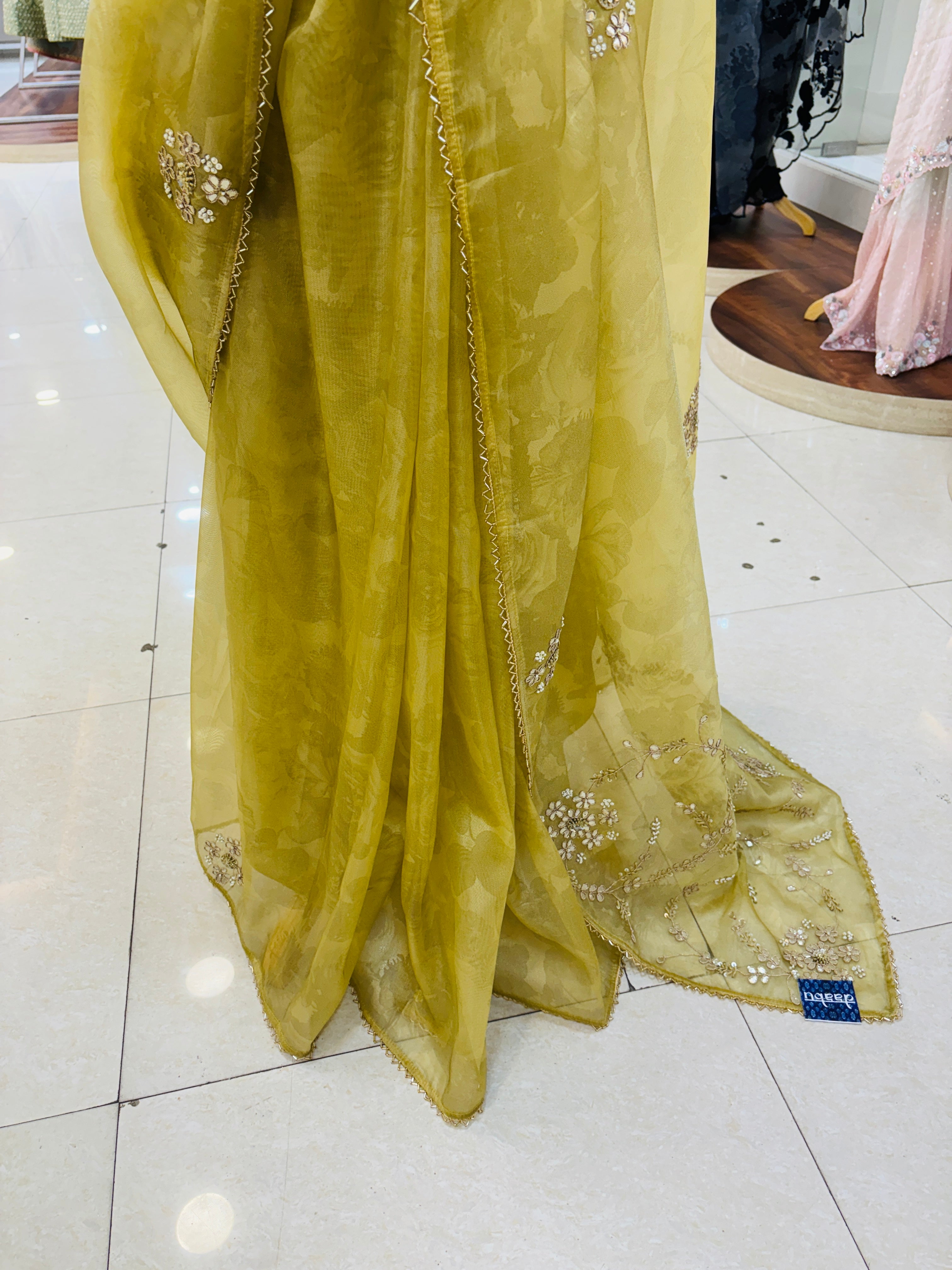 Mustard Print Tissue Organza Saree