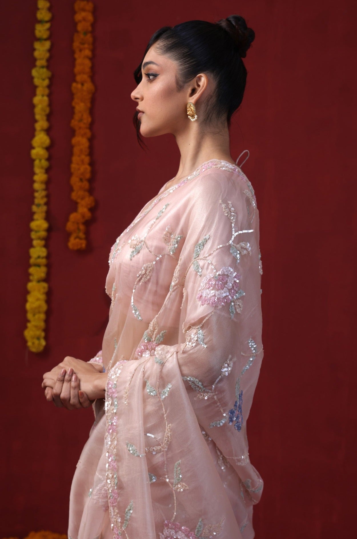 Light Pink Tissue Organza Sequinned Saree