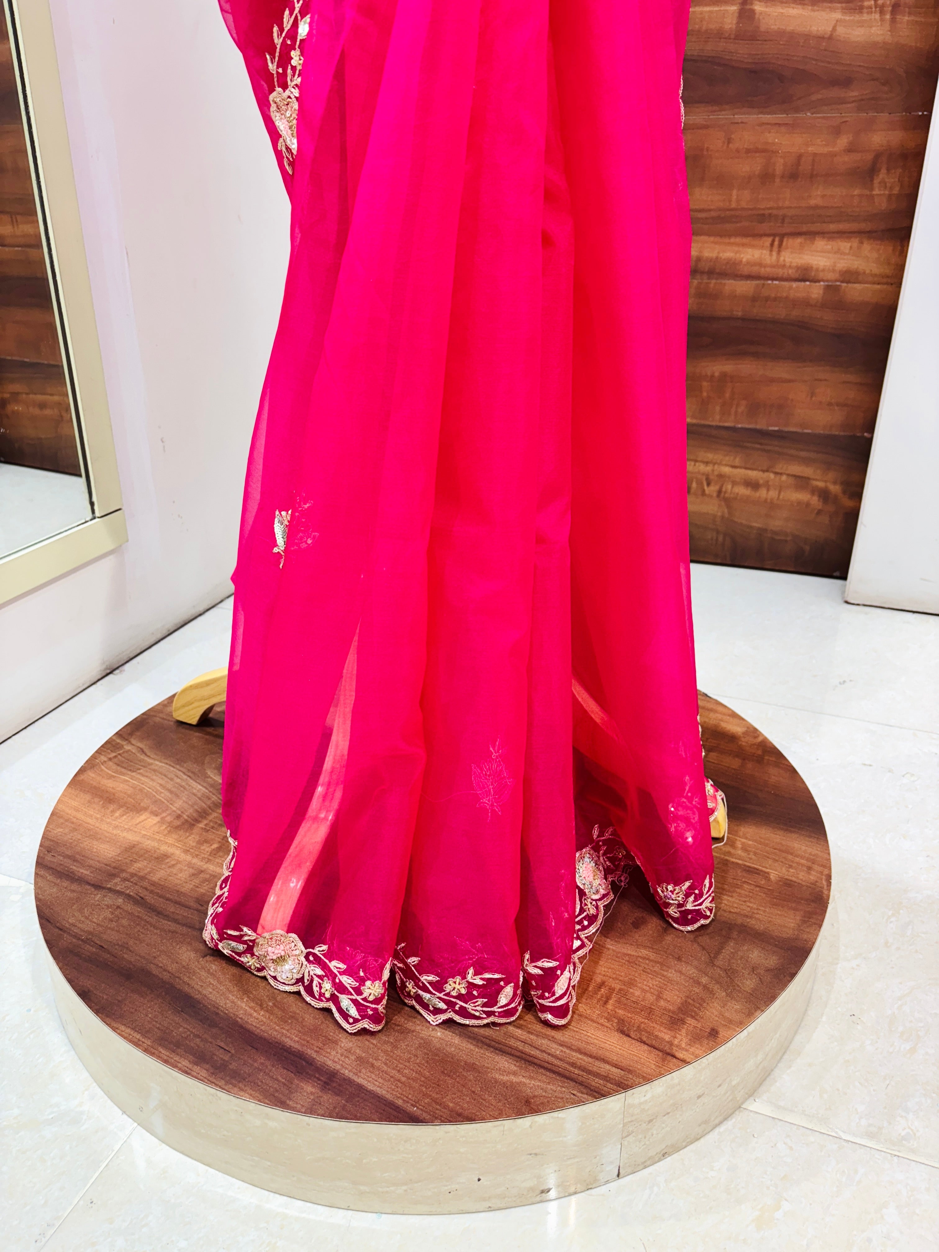 Dark Pink Organza Hand Work Saree