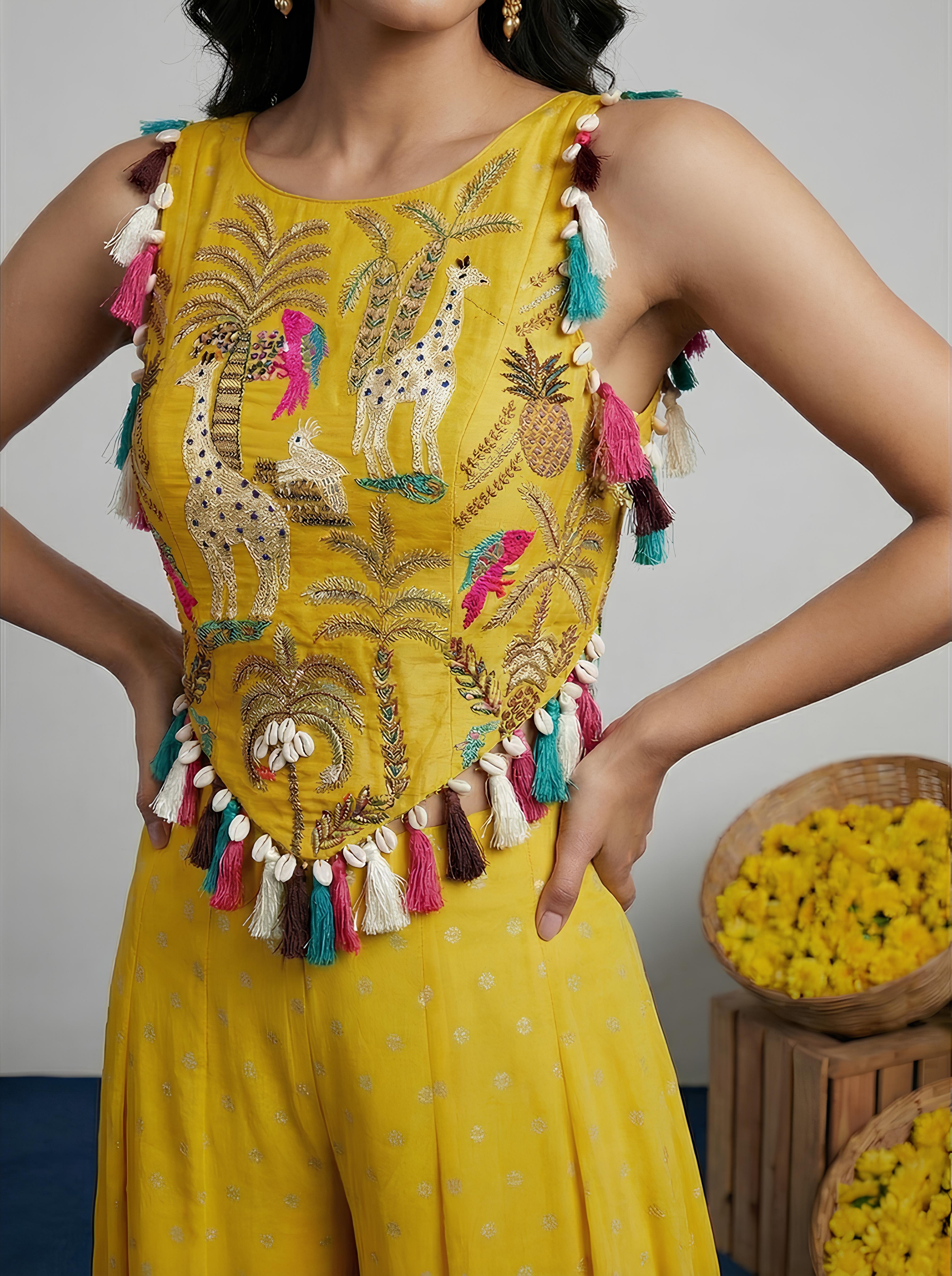 Yellow Corset Embroidered Top With Sharara Suit