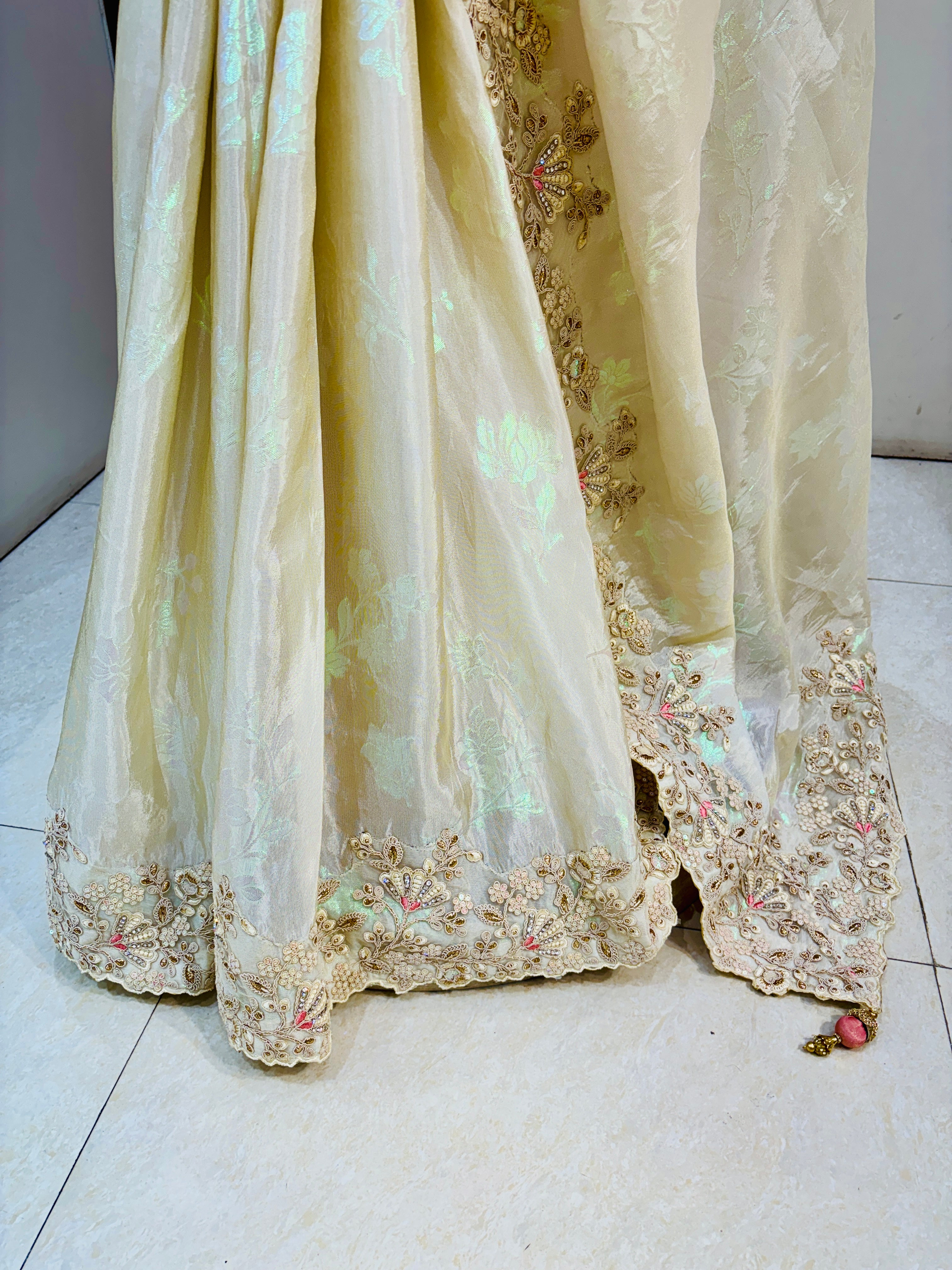 Ivory Banarasi Silk Embroidery Work Saree