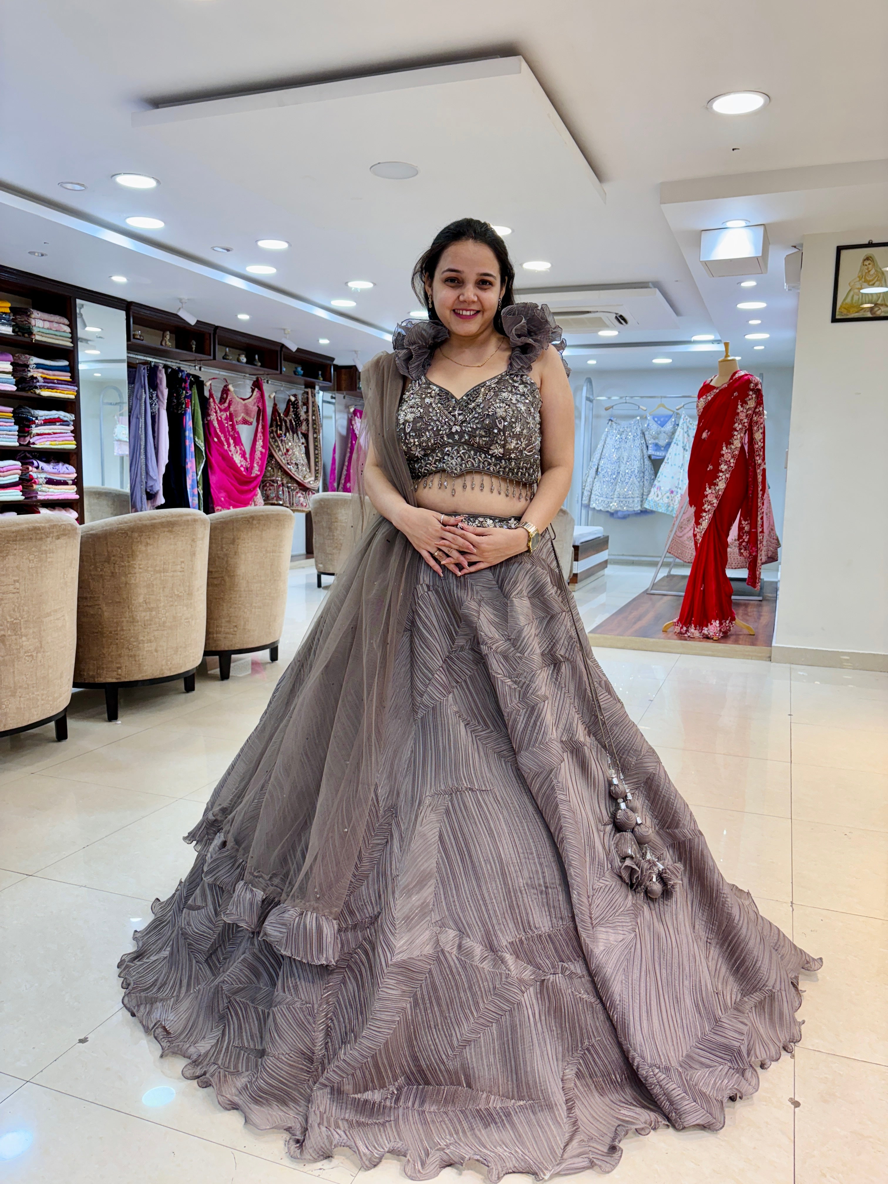 Embellished blouse with Brown Glass Tissue Lehenga set