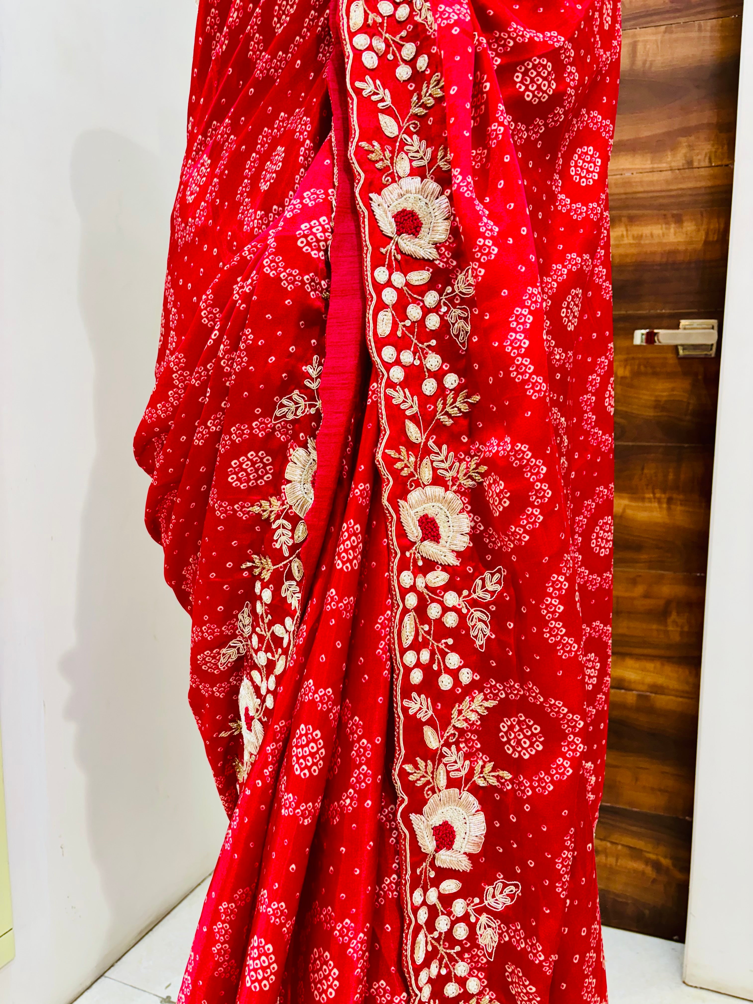 Red Gajji SIlk Bandhej Designer Saree