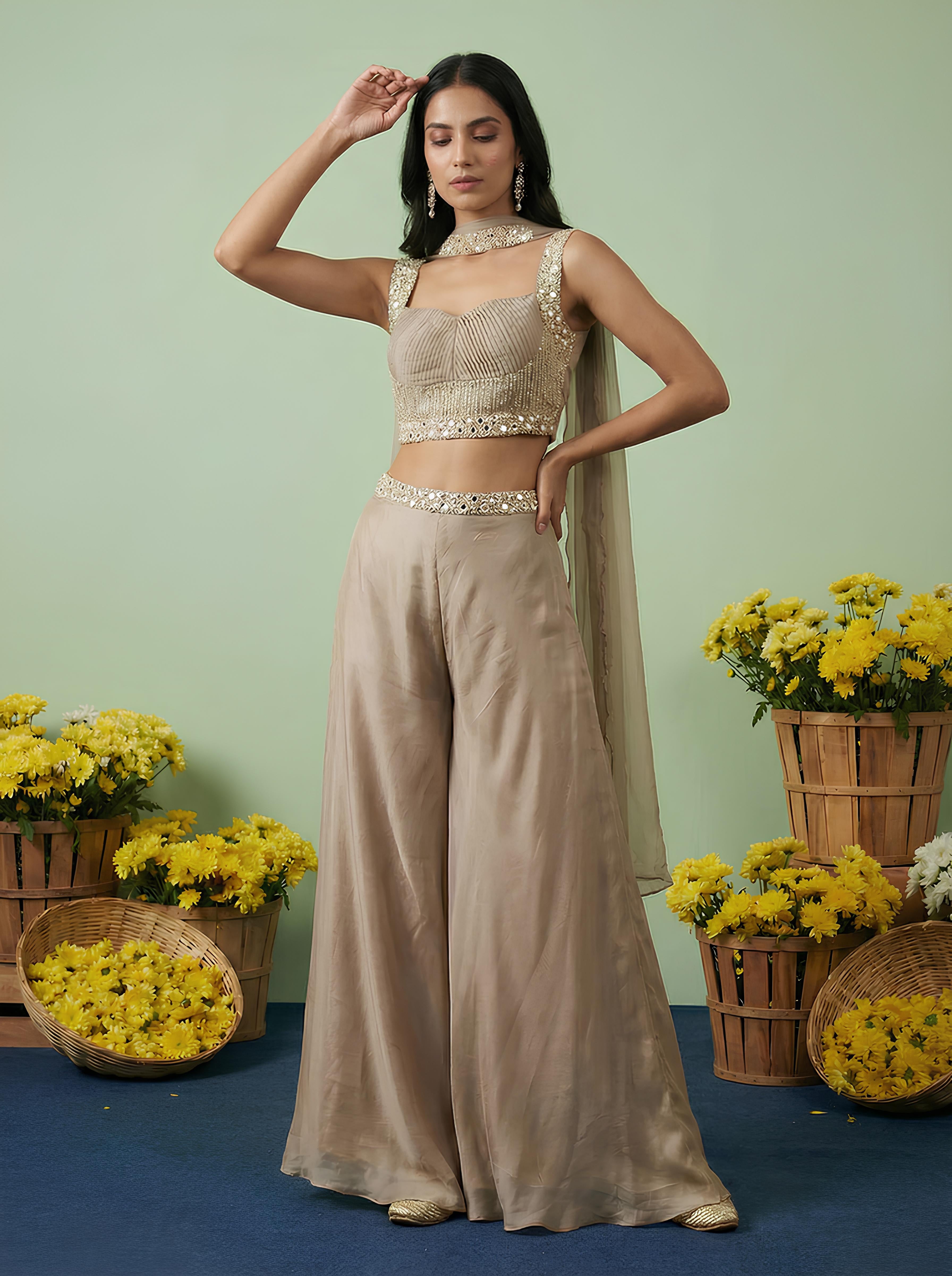 Ivory Embroidered Top With Sharara Suit