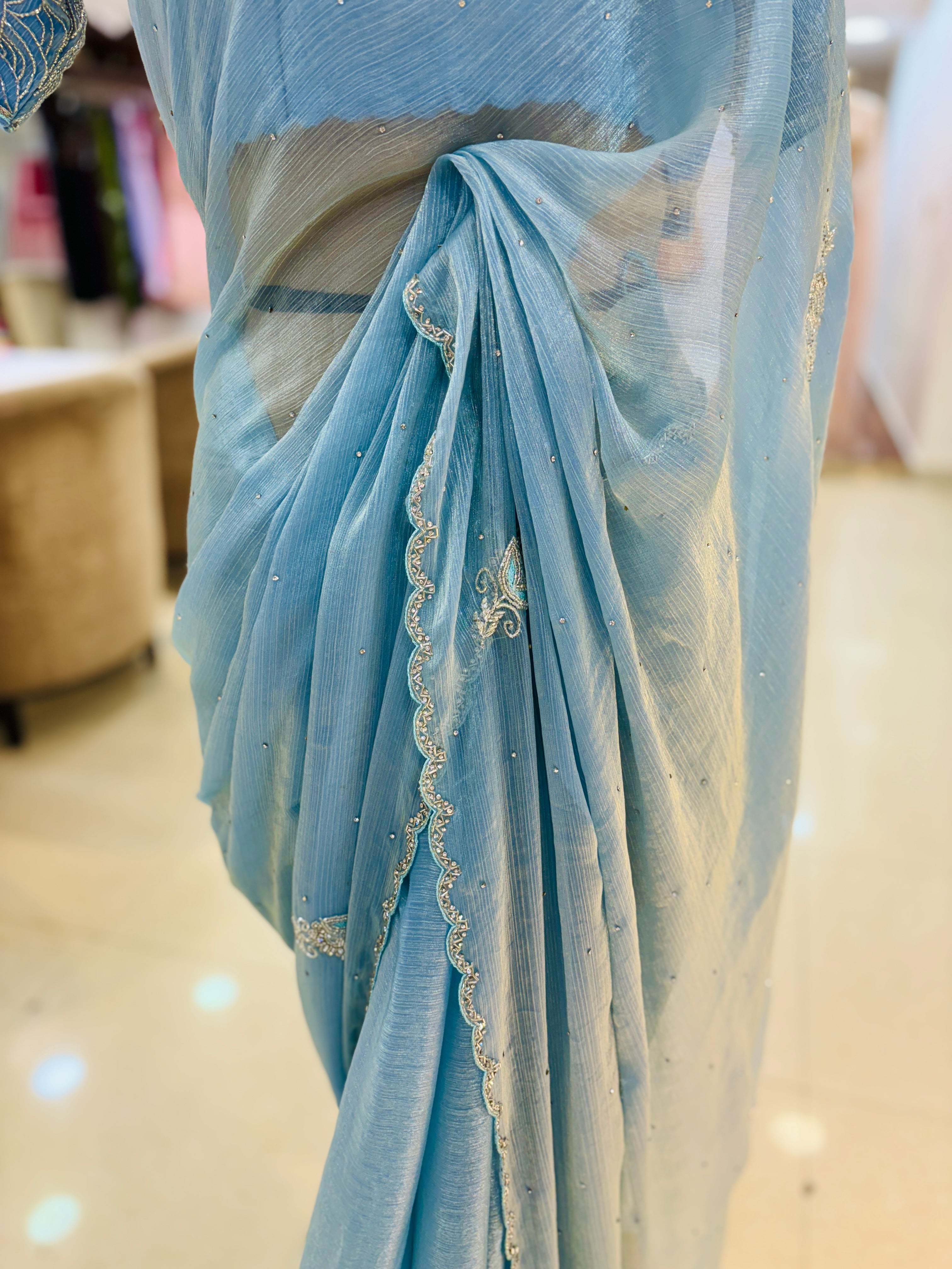 Sky Blue Tissue Chiffon Saree With Readymade Blouse