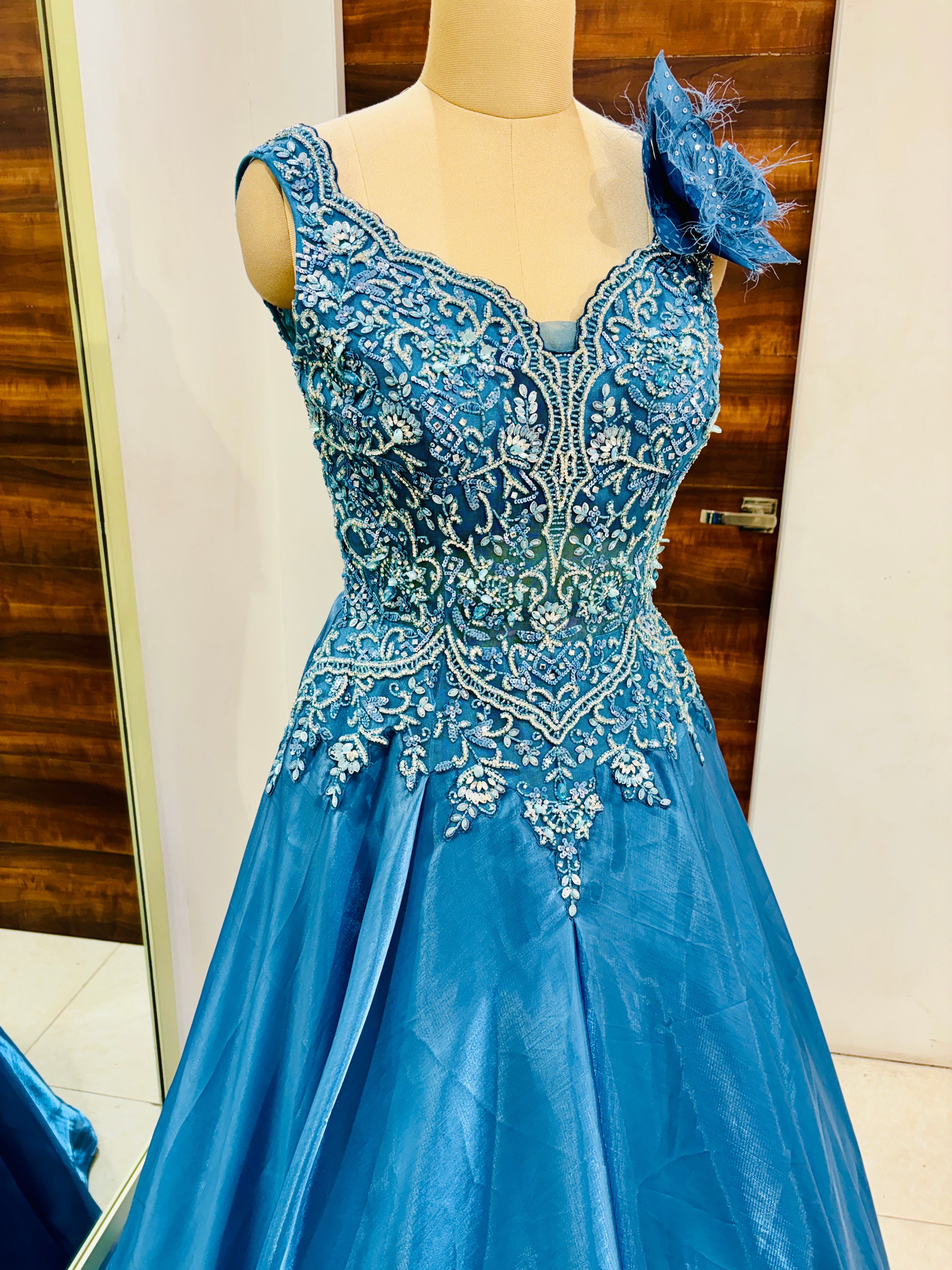 Sea Blue Tissue Organza Ball Gown