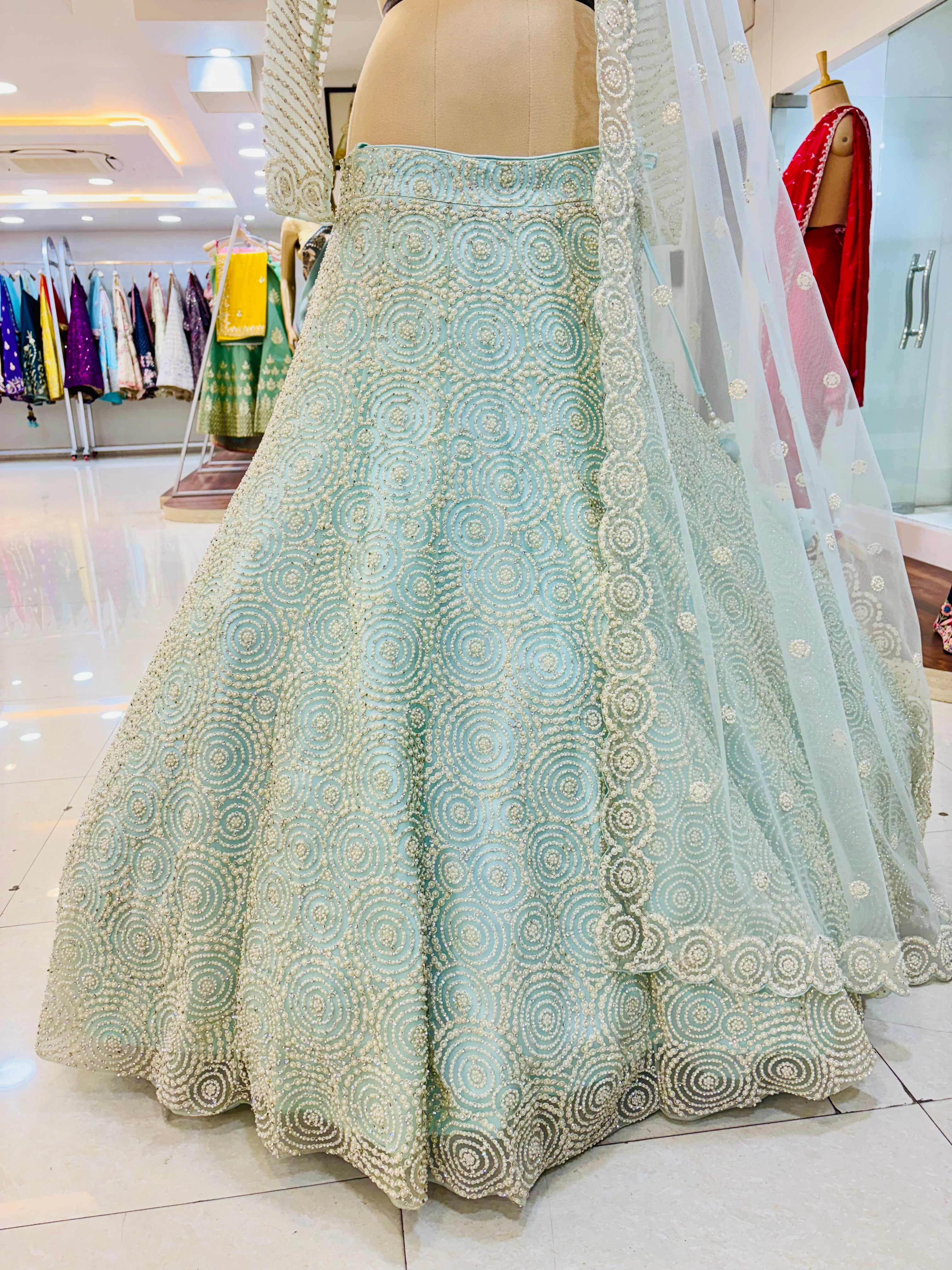 Light Blue Pearl Work Designer Lehenga