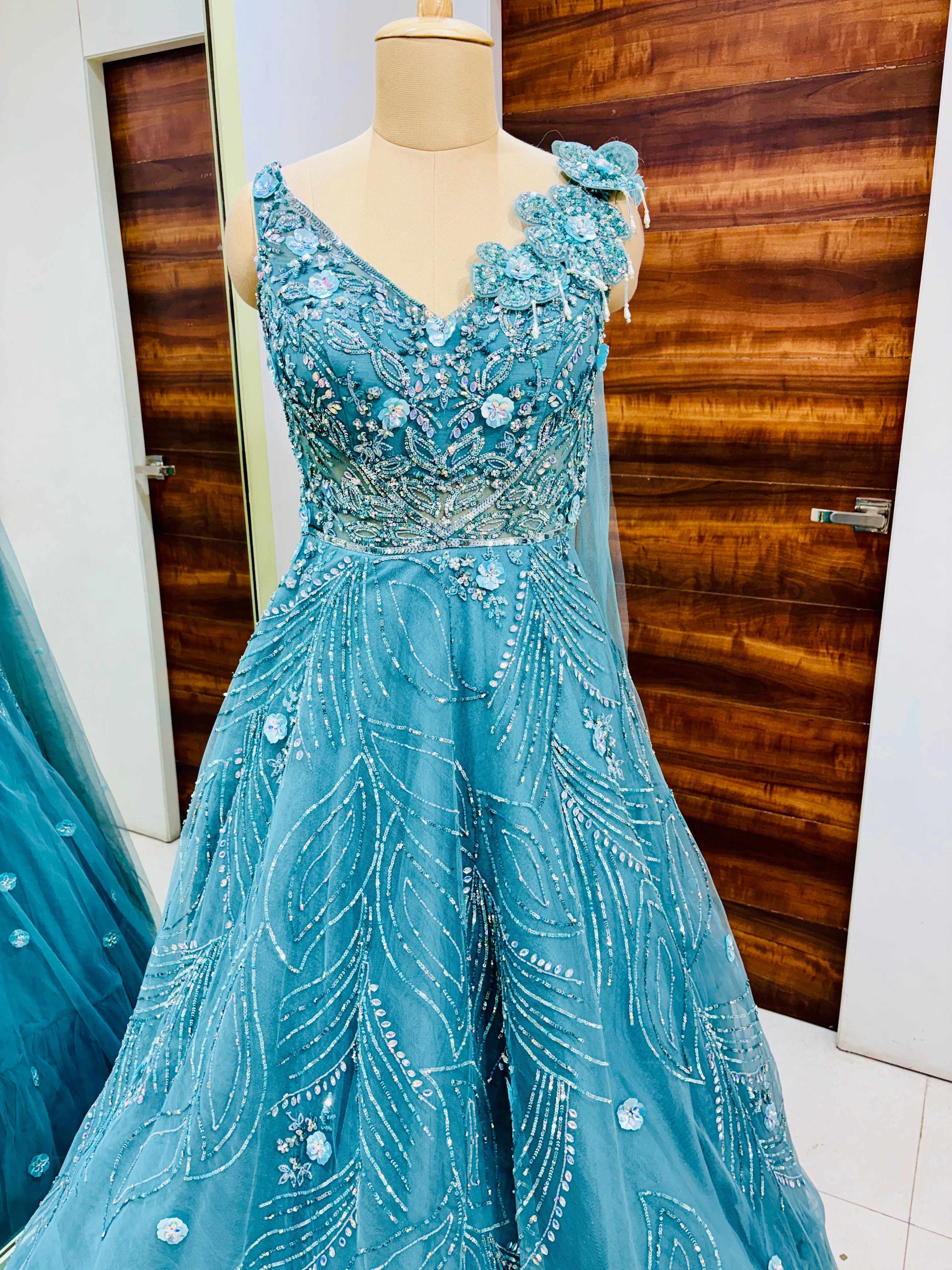 Sea Green Net Festive Ball Gown